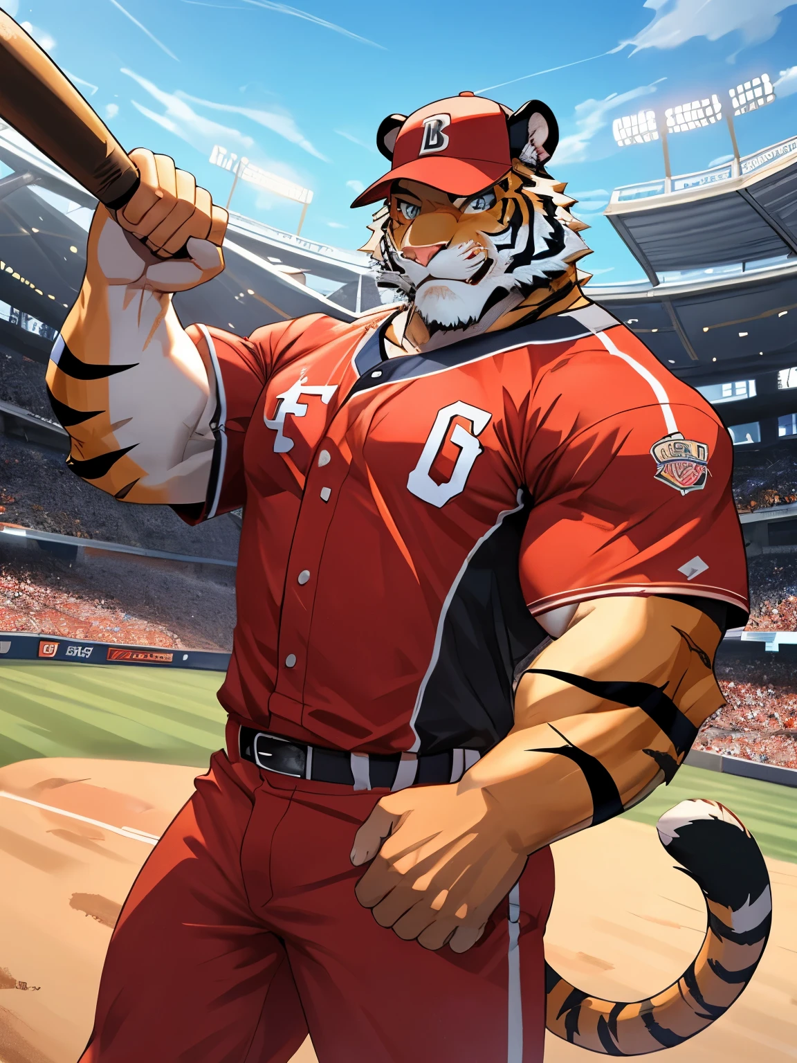 Tiger, good looking, male, anthro, baseball uniform, ultradetailed, muscular, solo, bareness, rippling muscles, muscles, stadium background, tail, hot, baseball cap, baseball bat, cool pose