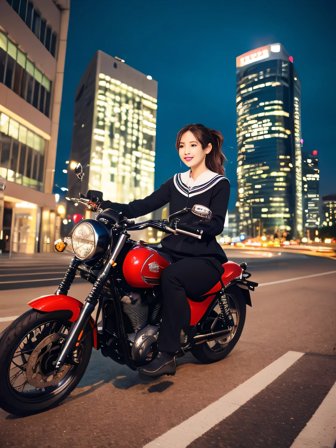 highest quality、High resolution、detailed background、beautiful and detailed face、beautiful and smooth skin、skin texture、professional lighting、Cute beautiful Iful Girl、Cute character wearing a sailor suit.、The costume is a uniform with a sailor collar and ribbon..、Cute Ponytail、pleated haute sleeves、Riding a motorcycle through the city late at night、Can drive at high speed even in the city, So that you can enjoy the view of the city.、skyscrapers and beautiful architecture