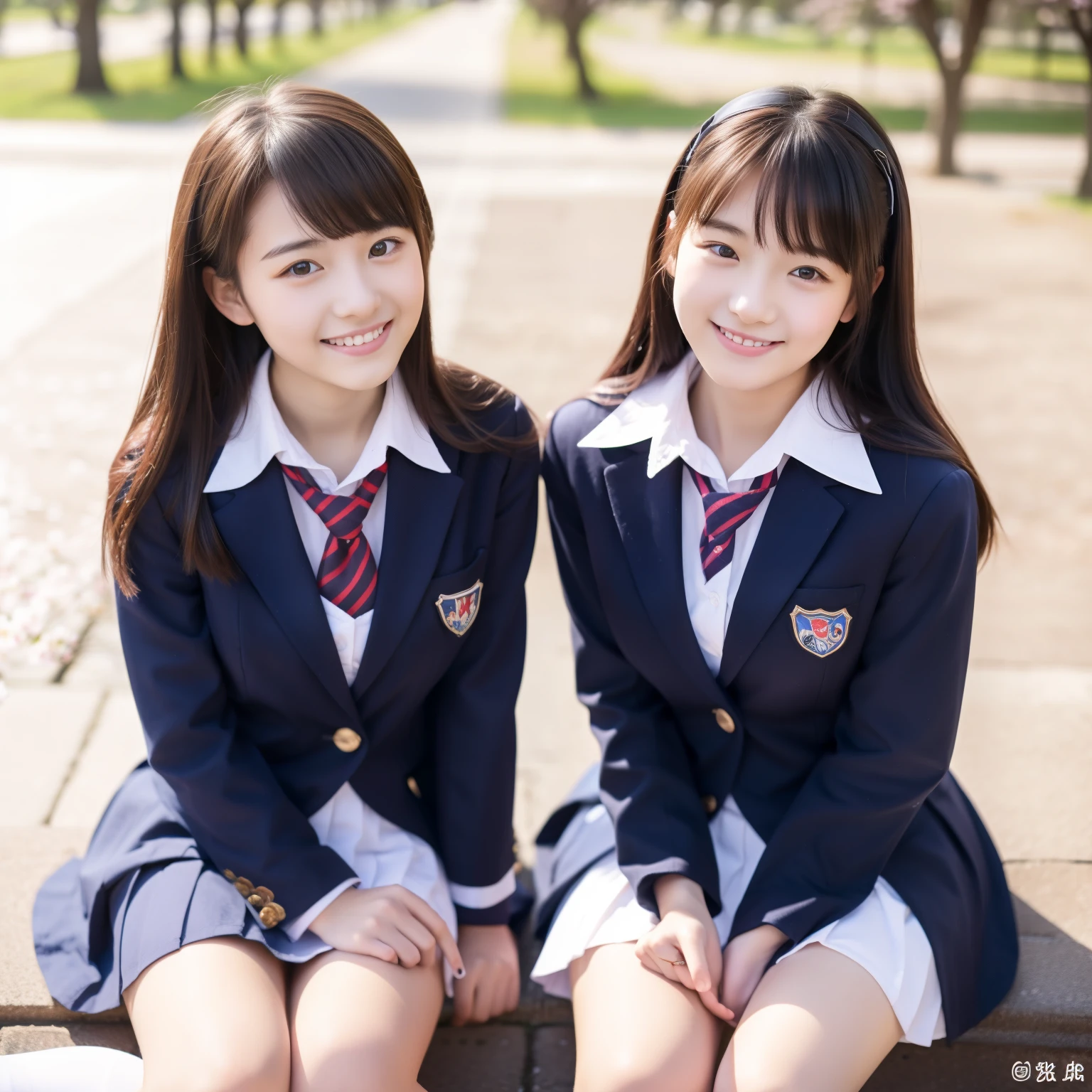 two beautiful women、18-year-old 、full body shot、80 mm、small breasts、Are thin、A sloppy smile、school uniform、Cherry blossom park