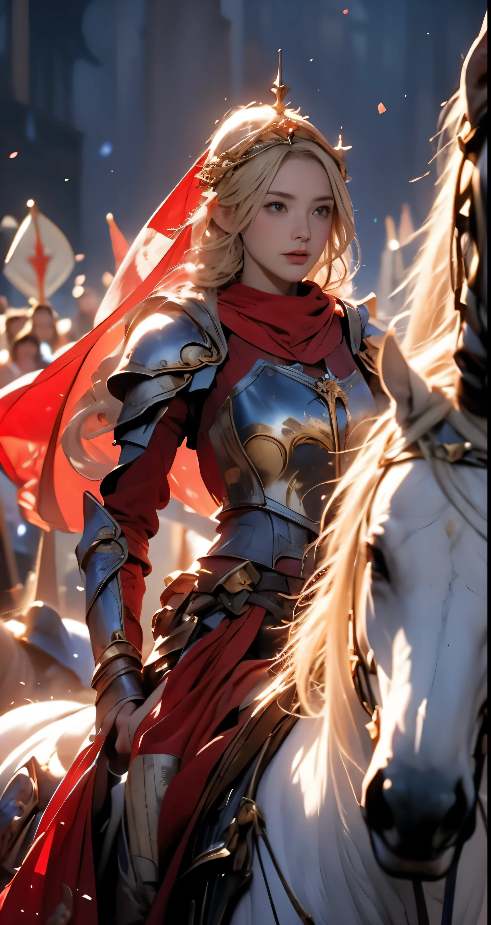 wearing a perfect hijab and dimples, around 17 years old, (plain red hijab), tmasterpiece，Best quality at best，A high resolution，8K，((Portrait))，(upper body)，Original photo，real photograph，digital photography，(Female adventurers in the medieval fantasy style)，(Medieval Valkyrie in fantasy style)，18-year-old girl，(Hair gradients of blonde and red)，blue短发，Red eyelue and long gradient short hair，blue)，perfect breast (super huge round perfect breasts)，An extravagant ornament，cparted lips，Keep your mouth shuegant and charming，((Blushing))，haughty contempt，Calm and handsome，(Medieval fantasy combat suit，Joint Armor，Lightweight blue gold protection，The Beautiful Magic Badge，Medieval armor combined with blue and gold，A red delicate pattern，white Cloak)，(Woman warrior)，Photo pose，medieval characters，medieval fantasy style，Ancient castle background，ruin, oc render reflection texture, sexy style,  sexy breast, breast plate armor ( fire pattern) 