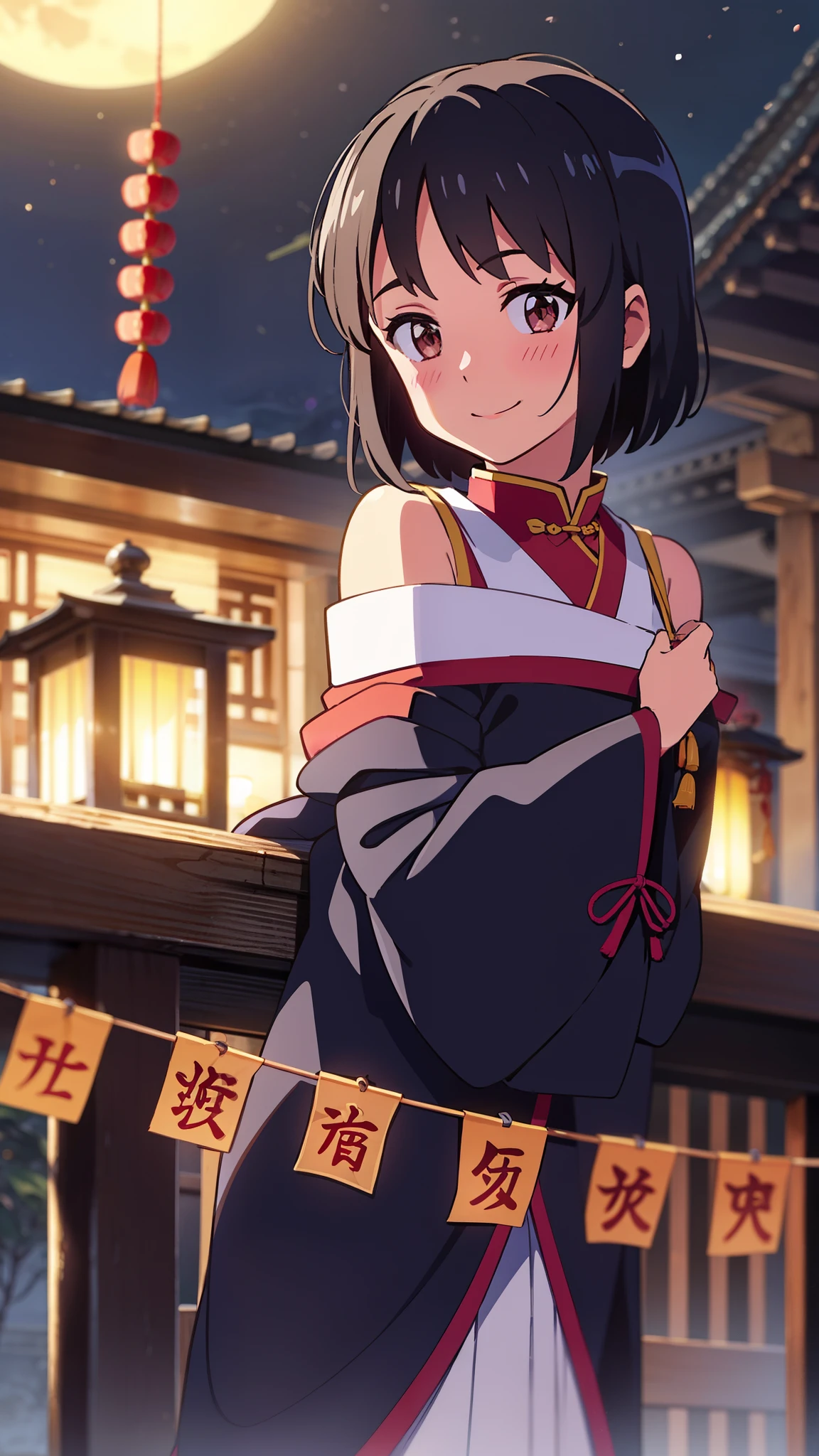shinkai makoto, kimi no na wa., 1girl, bangs, black hair, blush, brown eyes, shiny skin, smile, cute, shrines, shrine maiden clothes, Off-the-shoulder, looking at the viewer, short hair, solo, chinese-style, chinese buildings, spring flower, red lanterns, lunar new year, outside, day, cloudy, sunlight