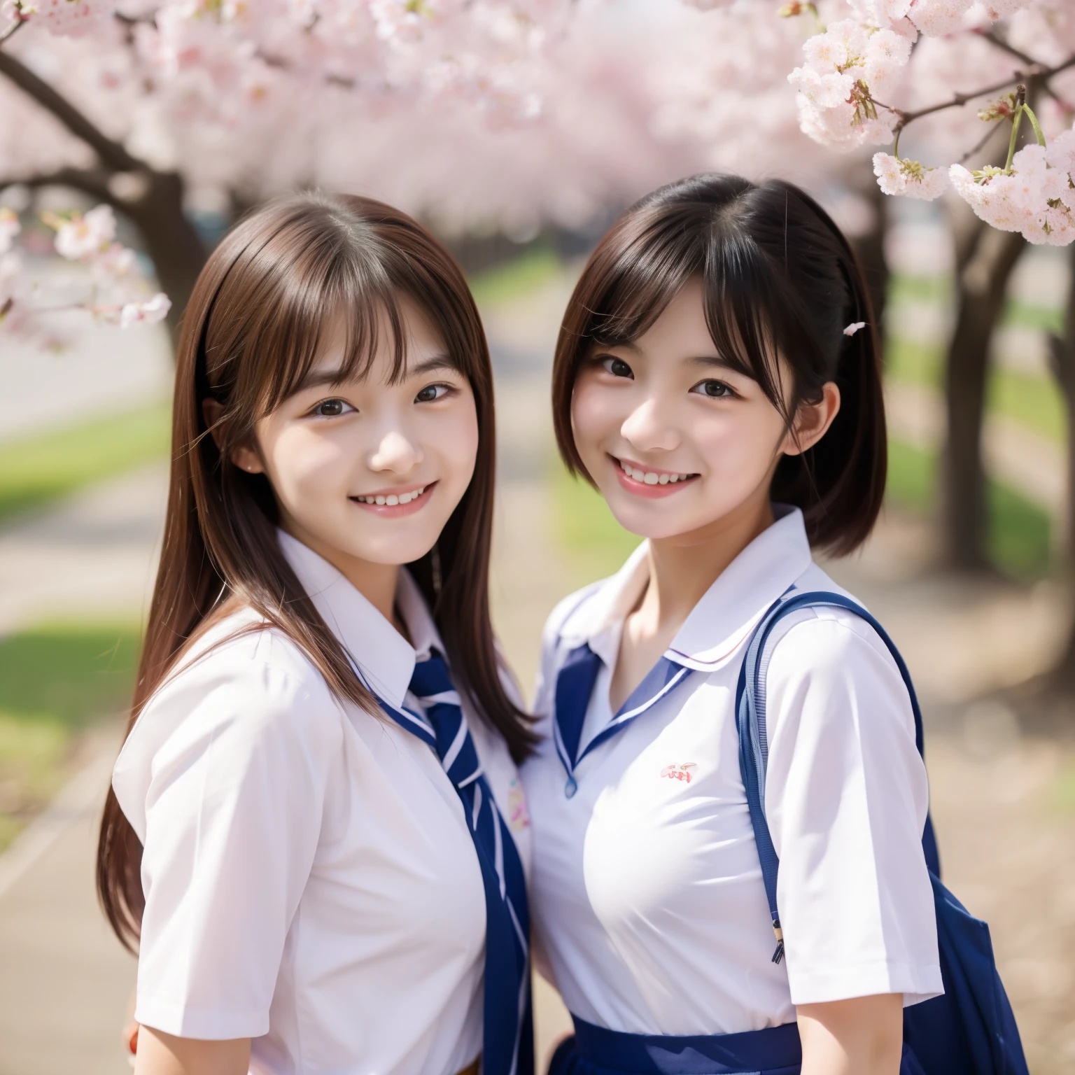 two beautiful women、18-year-old 、full body shot、80 mm、small breasts、Are thin、A sloppy smile、school uniform、Cherry blossom park