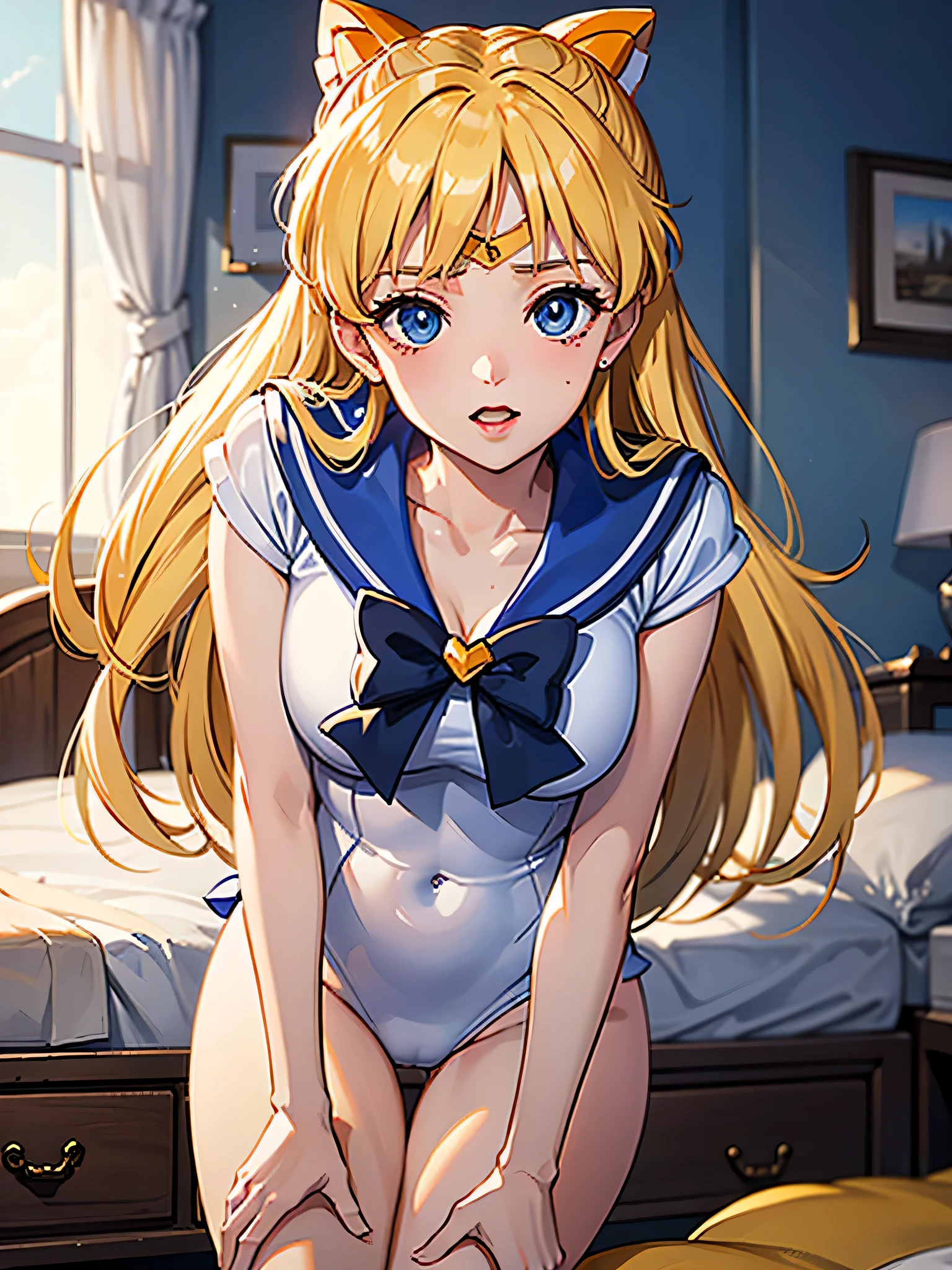 (A superb exquisite Sailor Venus), (Sailor Venus:1.5), (aino minako)、(Sailor Senshi Uniform), (red ribon), blue eyes, Yellow hair, natural straight hair, straight bangs, solo, nature, extremely delicate, straight facial features, peerless beautiful girl, soft, (sensual face), ((ecchi face)), dreamy quality, exaggerated facial features, solid color, frank holly, delicate face, bright lips, slender waist, soft curves, real light and shadow, super fine, 4k, natural moving, Ultra high resolution, (masterpiece:1.2, best quality), (finely detailed beautiful eyes: 1.2), (beautiful detailed face), sexy nude model, sexy pose, (midium chest), (Perfect Body Proportions), (bedroom), Mekosuji, Spread your legs a little and show off your crotch,