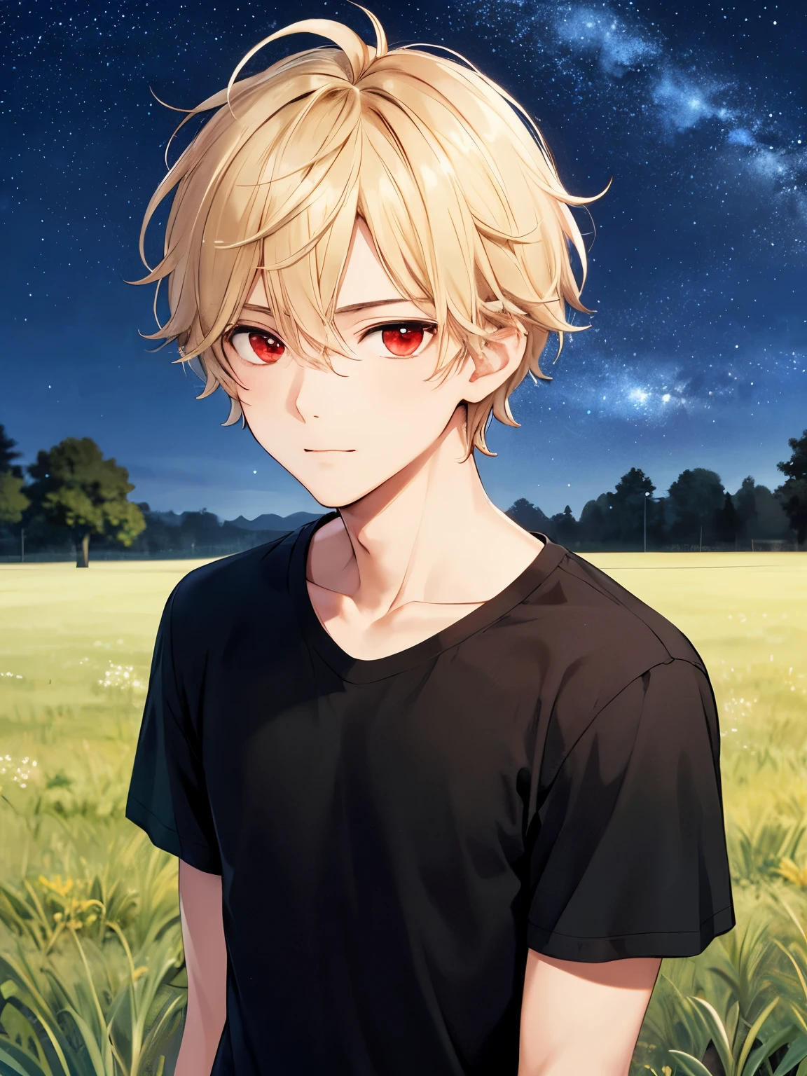 1 boy, On the grass field, at night, full of stars,handsome,faint smile, messy hair,Looking ahead,Perfect face, detailed face, short hair, blonde hair,half body photo,black t-shirt, short sleeve t-shirt,black trousers, red eyes, vampire