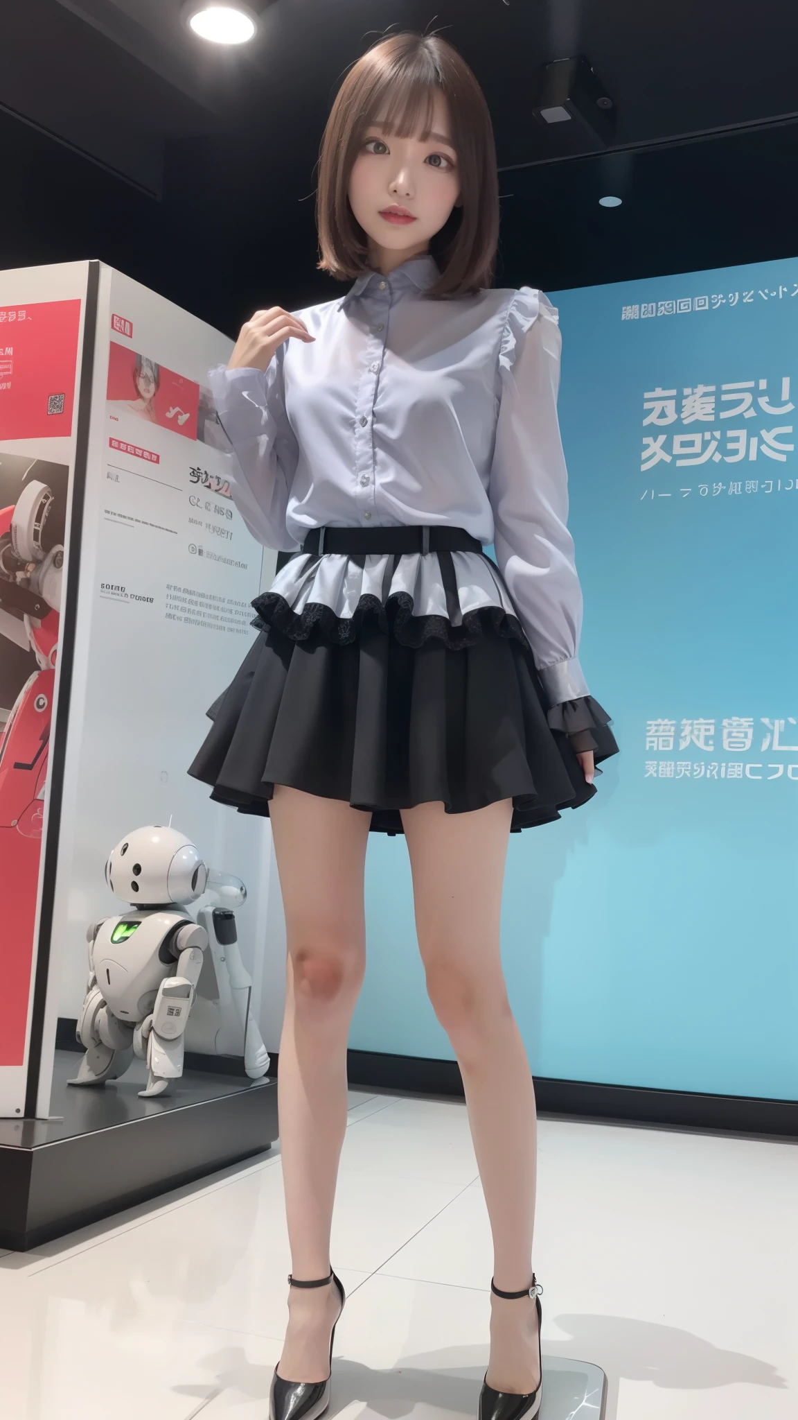Silver satin ruffled blouse, black skirt, robot