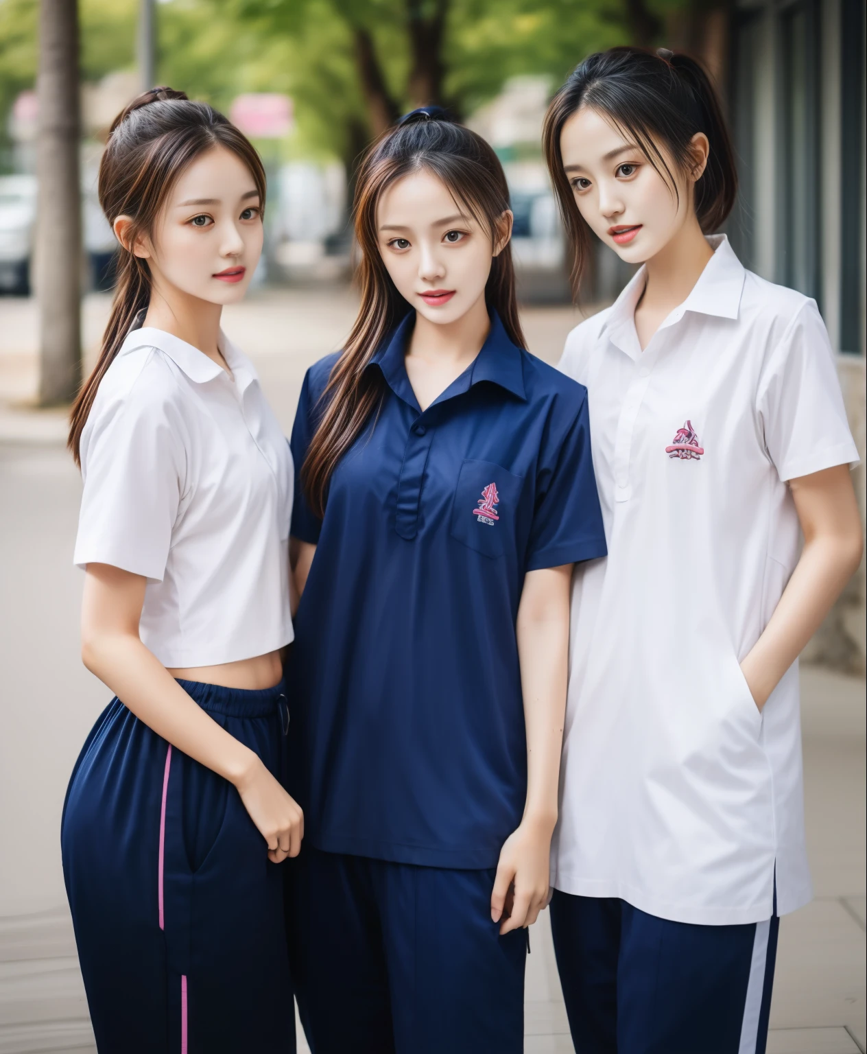 3 girls in fitness center, Navy blue short-sleeved shirt,Navy Long Trackpant,Sweatpants, Sweatpantsขายาว,25 year old girl, lesbian, sexy, exercise clothes, wet body, exercise clothes
