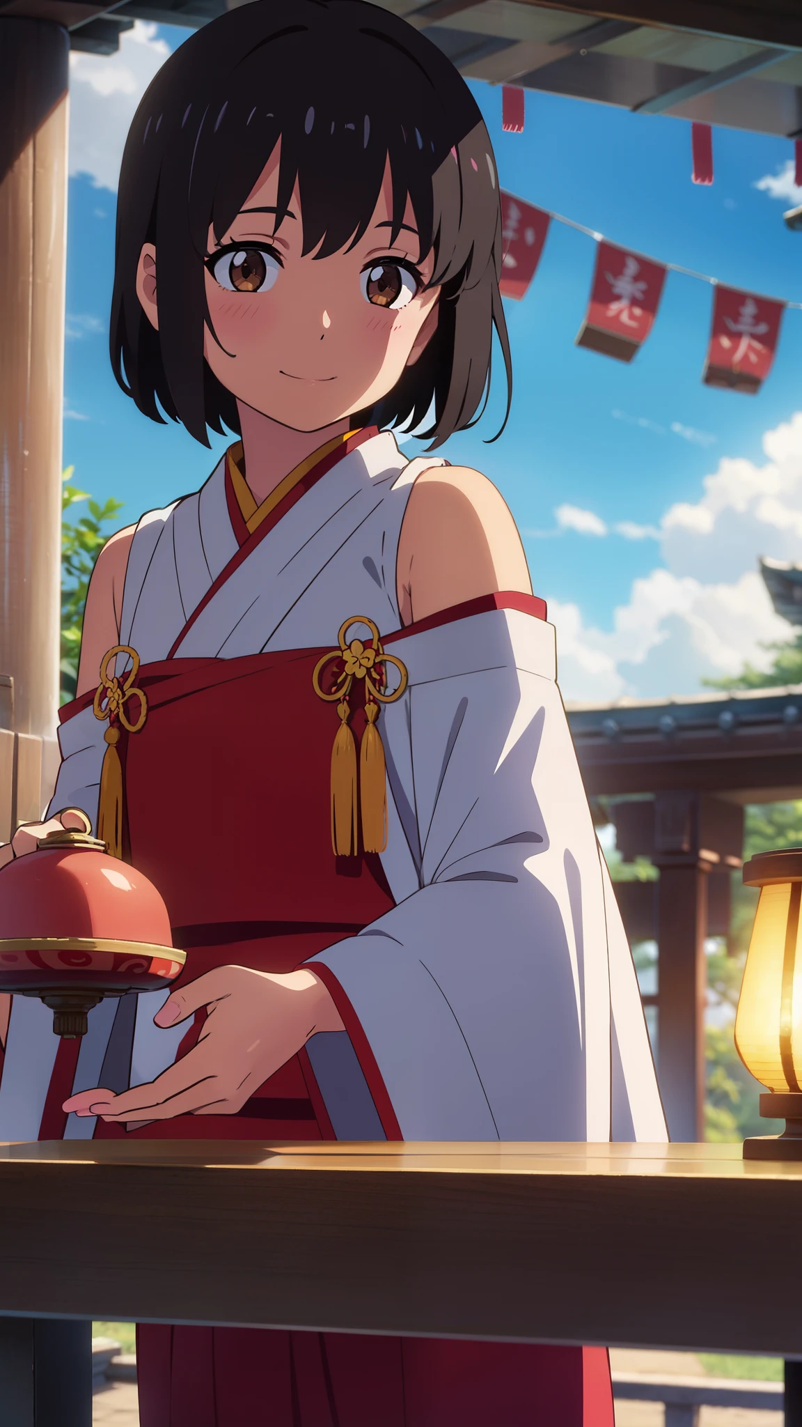 shinkai makoto, kimi no na wa., 1girl, bangs, black hair, blush, brown eyes, shiny skin, smile, cute, shrines, shrine maiden clothes, Off-the-shoulder, looking at the viewer, short hair, solo, chinese-style, chinese buildings, spring flower, red lanterns, lunar new year, outside, day, cloudy, sunlight, upper body