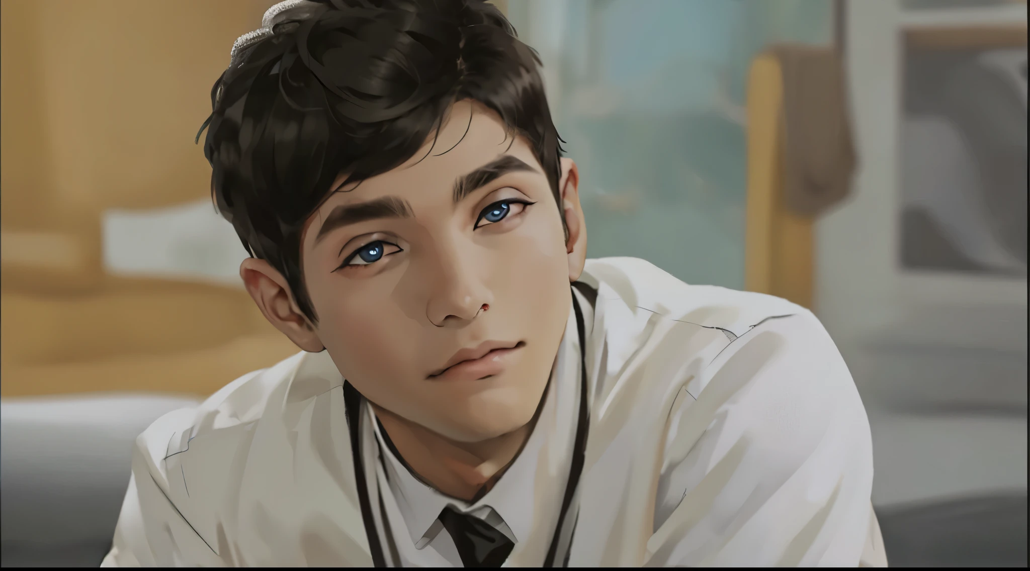 joven escuhcando a alguien tiene cabello plateado ojos grises
