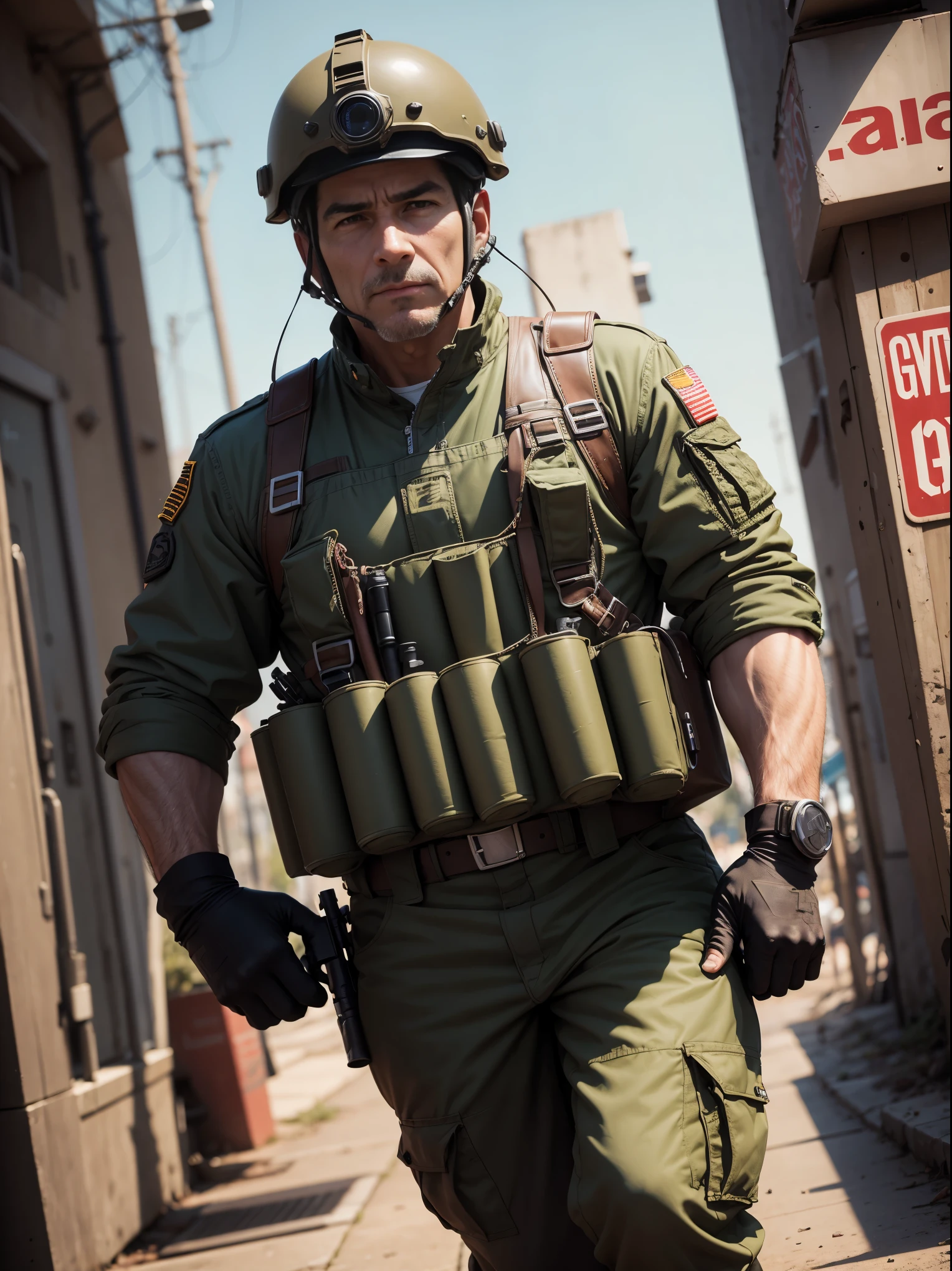 A soldier Man 40 years , with helmet launcher a bazooka , retro bazookas , wwe ii bazooka