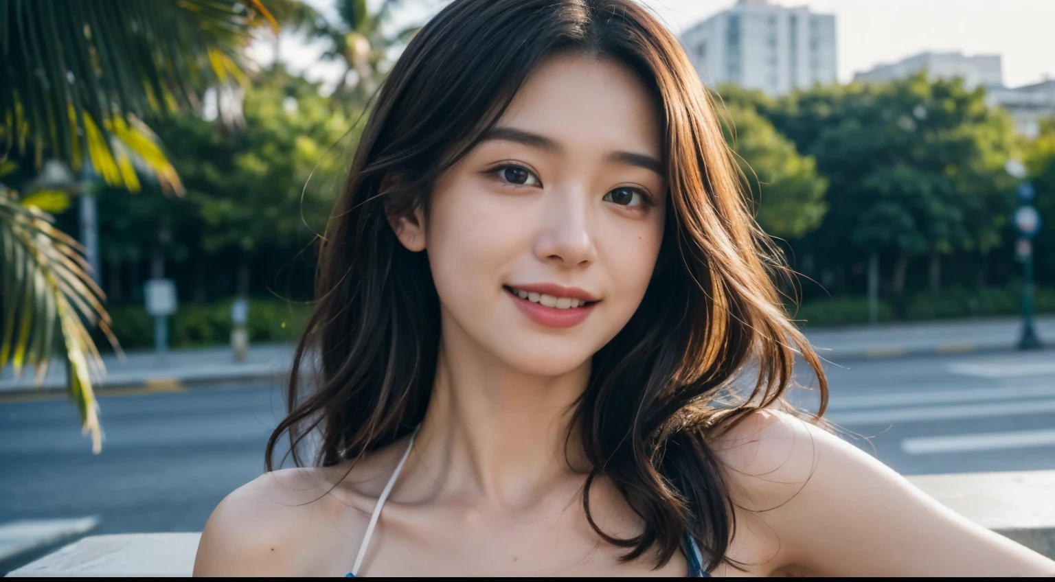 (RAW photo, highest quality), (realistic, Photoreal:1.3),highest quality,very detailed,table top,Super detailed,shape,1 girl,upper_body,dynamic angle,world masterpiece theater,Messy_length_hair,highest quality,very detailed CG Unity 8K 壁紙、wonderful,cinematic lighting,lens_flare,very detailed、smile、18-year-old、Super top idol、wear a colorful bikini、big breasted girls、Midsummer beach、(((facial photo:1.4)))、