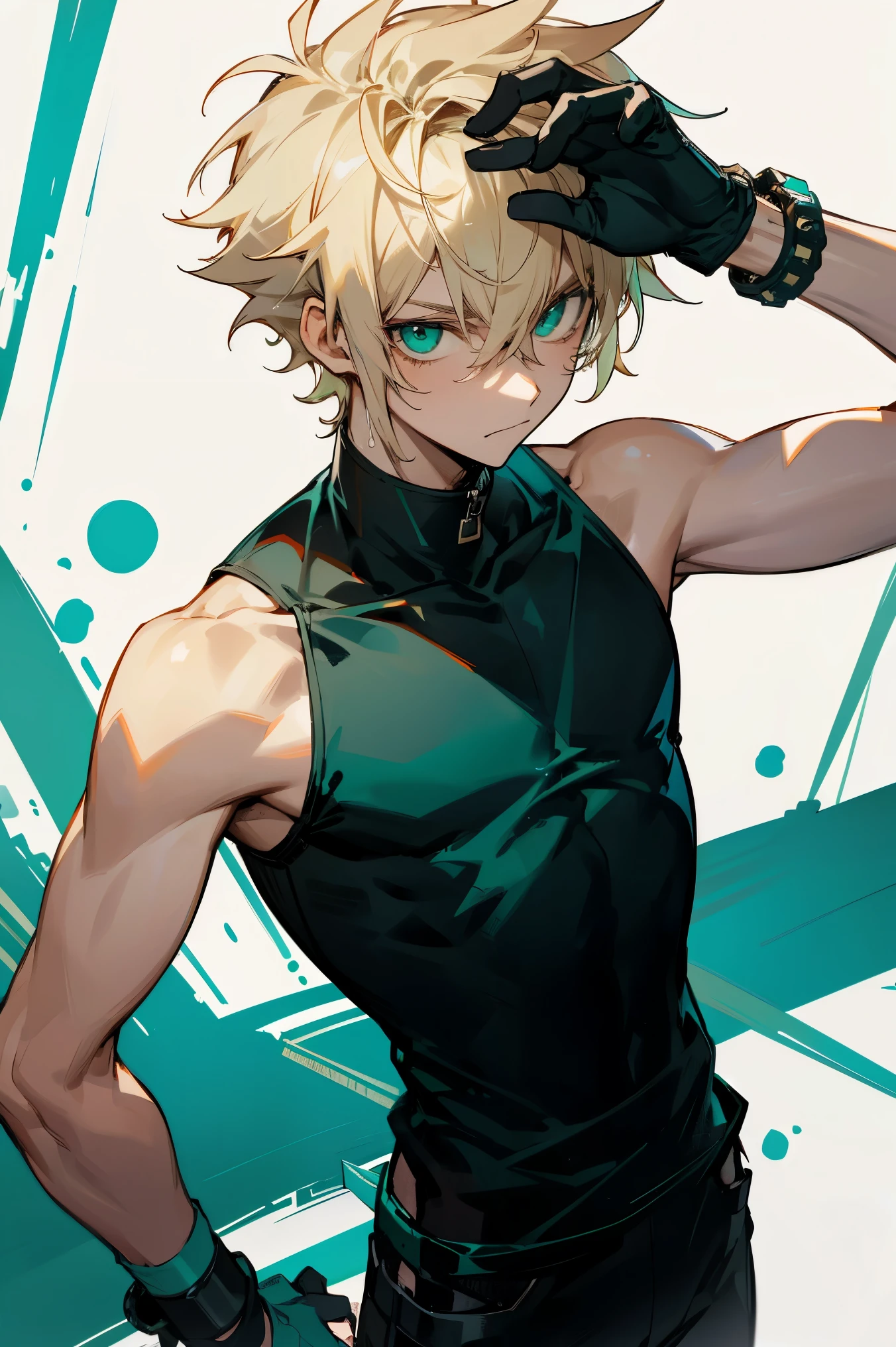 1male , Messy Blonde Hair , Spiky Hair , Short Hair, Teal Green Eyes , Black Wristbands , Black Tanktop , Scuba Goggles 