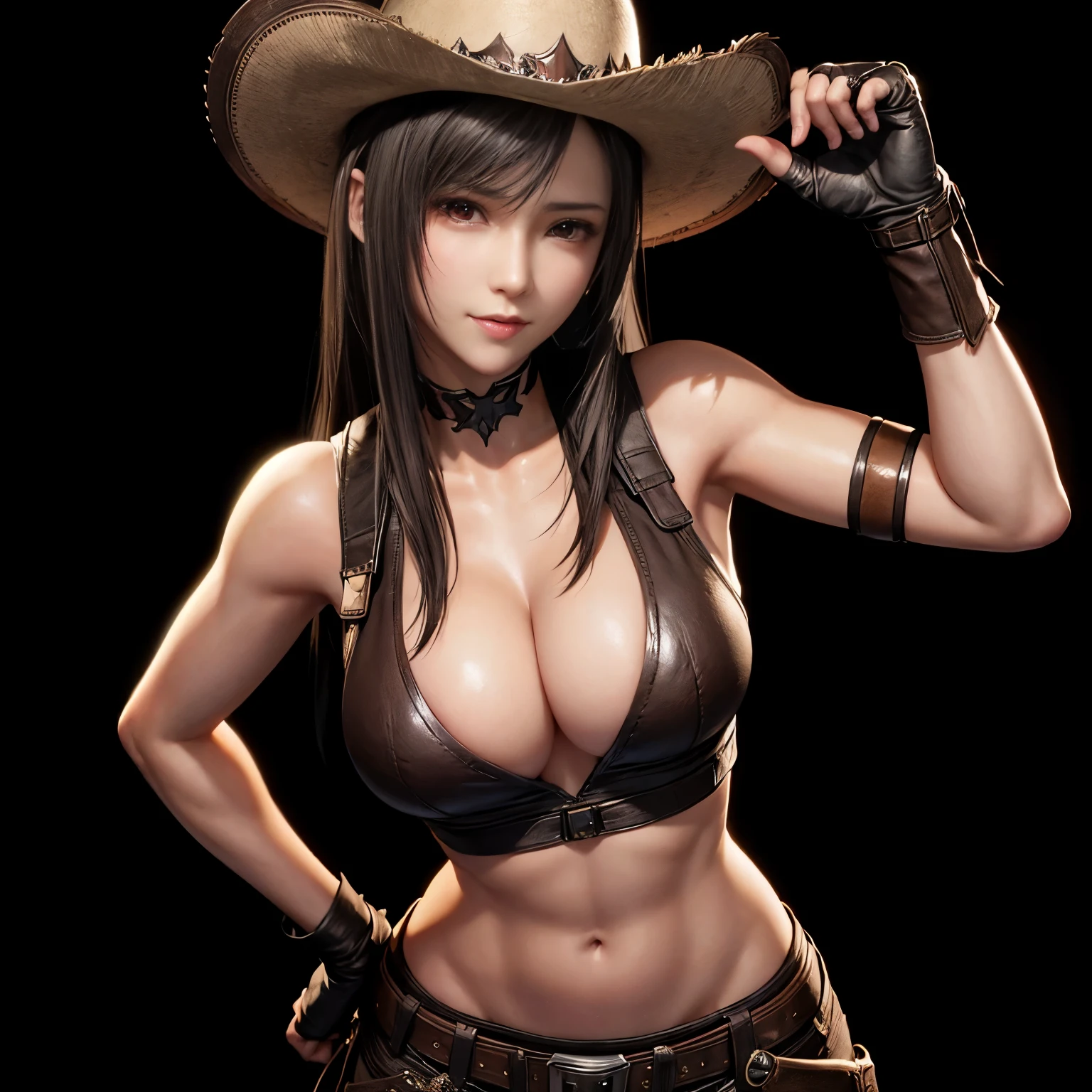 nsfw, 1girl in, (solo), photorealistic, hyperrealistic, masterpiece, best quality, 8K, hight resolution, extremely detailed girl, extremely detailed beautiful face, Beautiful skin, shiny skin, perfect anatomy, smile, looking at viewer, beautiful eyes, ideal ratio body proportions, upper body, front view, tifa lockhart, (smile), stylish pose, large breasts, red eyes, black hair long hair, cowgirl, (brown leather clothes:1.3), sexy leather cowboy clothes, cleavage, navel, cowboy hat, gloves, jewelry, bracelet, tifa red iris, Simple background, single color background,