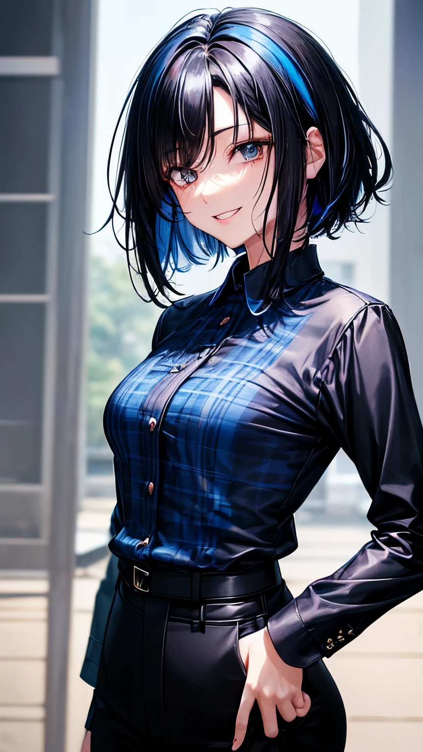 31 years old Japanese lady (( small breast, slender)),  black jacket, tartan blue long sleeves dress shirt,(( tartan black straight pants)), very short hair (( black messy hair, some blue highlights hair))((much shaggy forelock, some blue highlights hair )), fearless and aggressive smile, indigo big drooped eyes, put her hands on her chest , confident and strong willed atmosphere