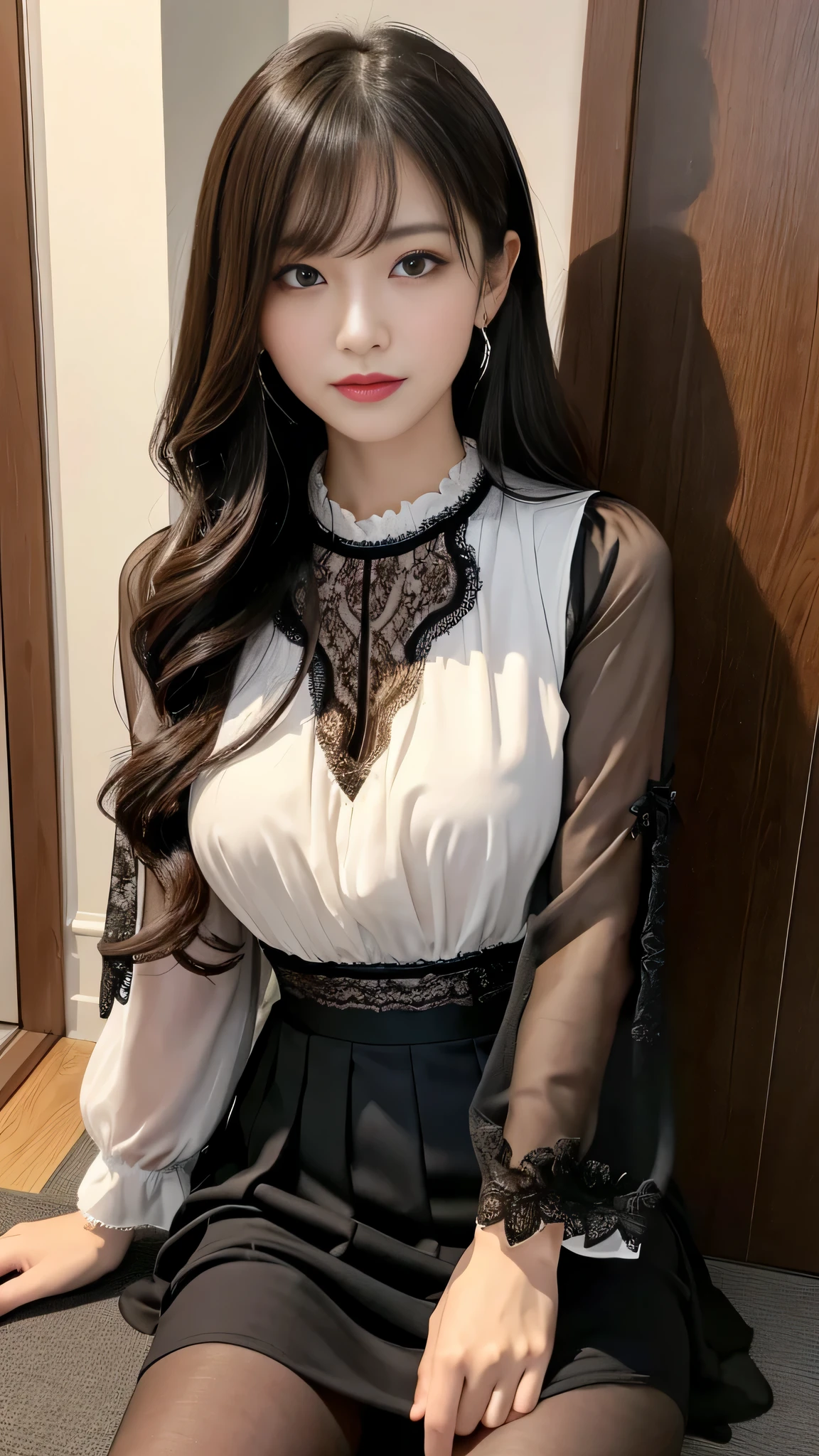 Super detailed、Japanese、charming beauty、seductive adult woman、Dainty woman、sharp eyes、cool girl、wavy hair、suit、Black chiffon、lacy fabric、wide sleeve、wearing a lace insert dress、white blouse、Tight Skirt、flower pantyhose、Shiny legs、evilの幹部、evil depravity、brainwashing、Mind control、lipstick、grin、邪evilなな表情、evil、empty eyes、邪evilな、Church at night、reach out