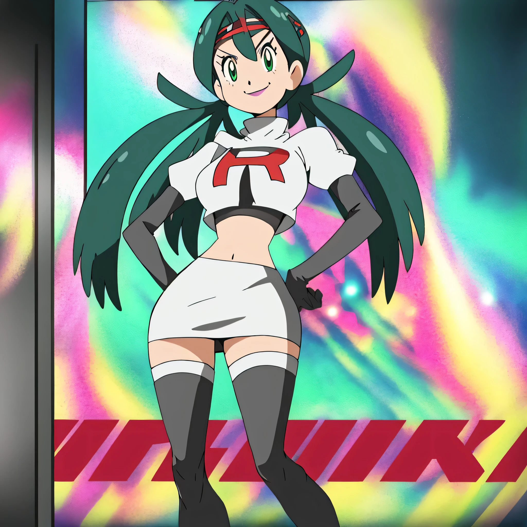 8k, anime screencap,1girl in, (solo:1.2), (perfect body:1.1), (best quality:1.1), very large breast, team rocket uniform, red letter r, white skirt,white crop top,black thigh-high boots, black elbow gloves, evil smile, looking down at viewer, hands on hips,zettai ryouiki,
