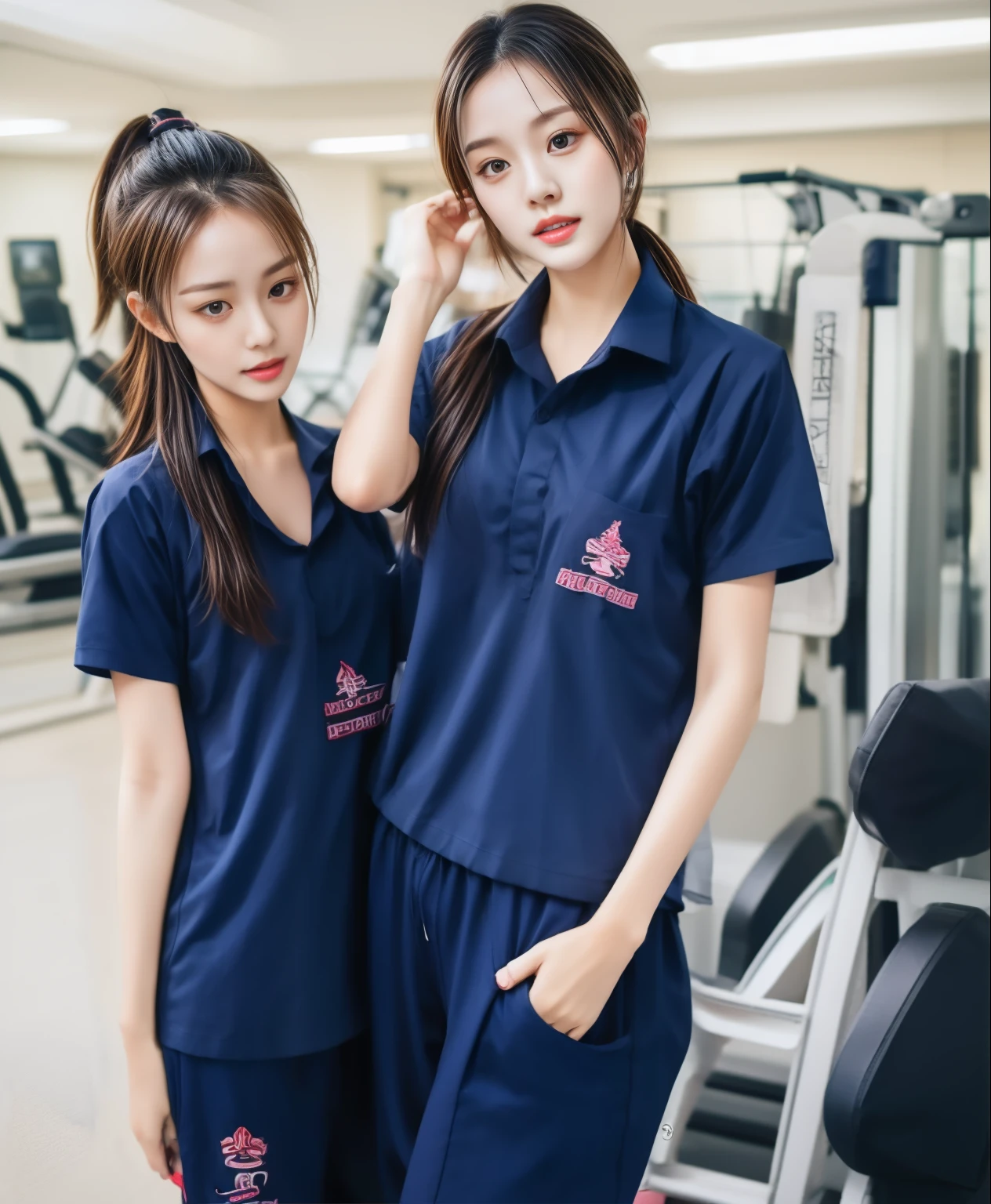 3 girls in fitness center, Navy blue short-sleeved shirt,Navy Long Trackpant,Sweatpants, Sweatpantsขายาว,25 year old girl, lesbian, sexy, exercise clothes, wet body, exercise clothes