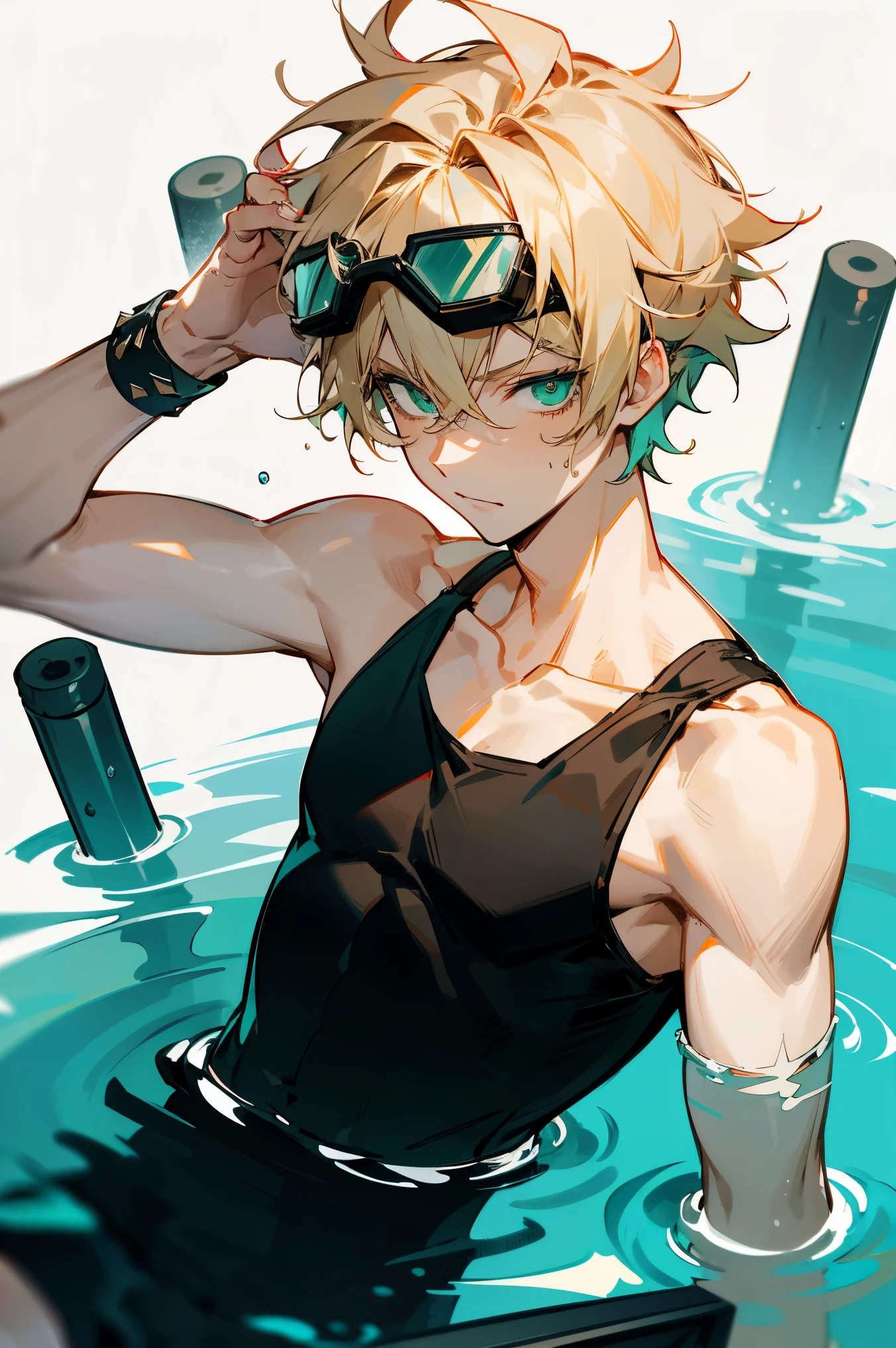 1male , Messy Blonde Hair , Spiky Hair , Short Hair, Teal Green Eyes , Black Wristbands , Black Tanktop , Water Goggles On Head ,