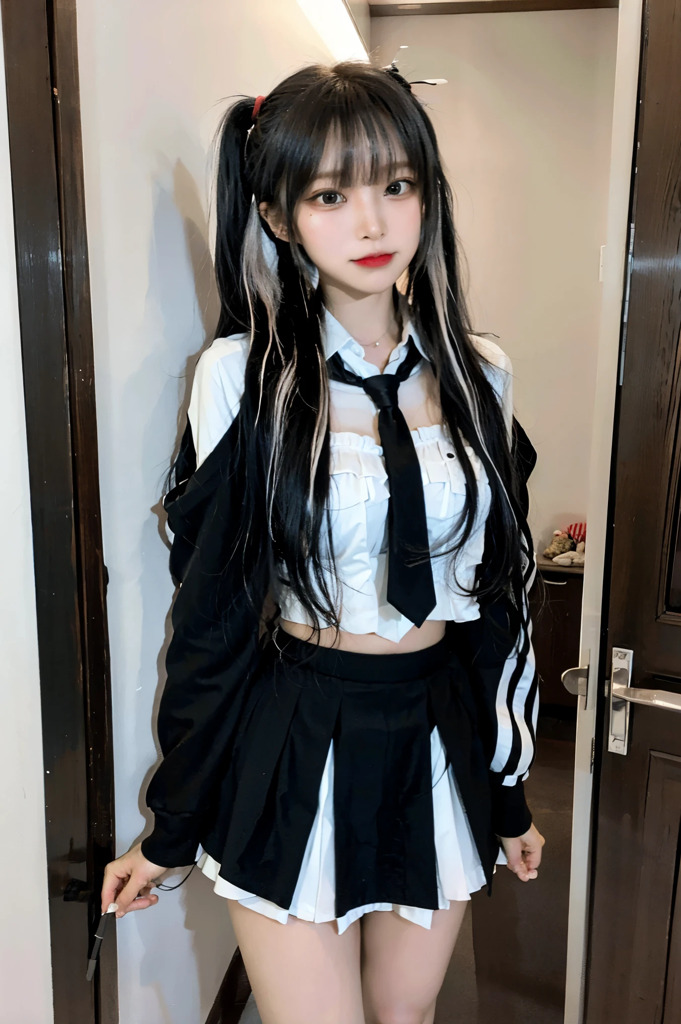 _ger,Black and white two-tone hair, long wavy hair, full bang, best quality, 1W, Little big breasts, Pelvic exposure, a little ,blunt_bangs,cute girl,masterpiece,sharp_face,skinny,cosplay,pretty,riborn,Pencil skirt,Overfit Shirts, necktie,small face, cute,smile face,brig,light skin,