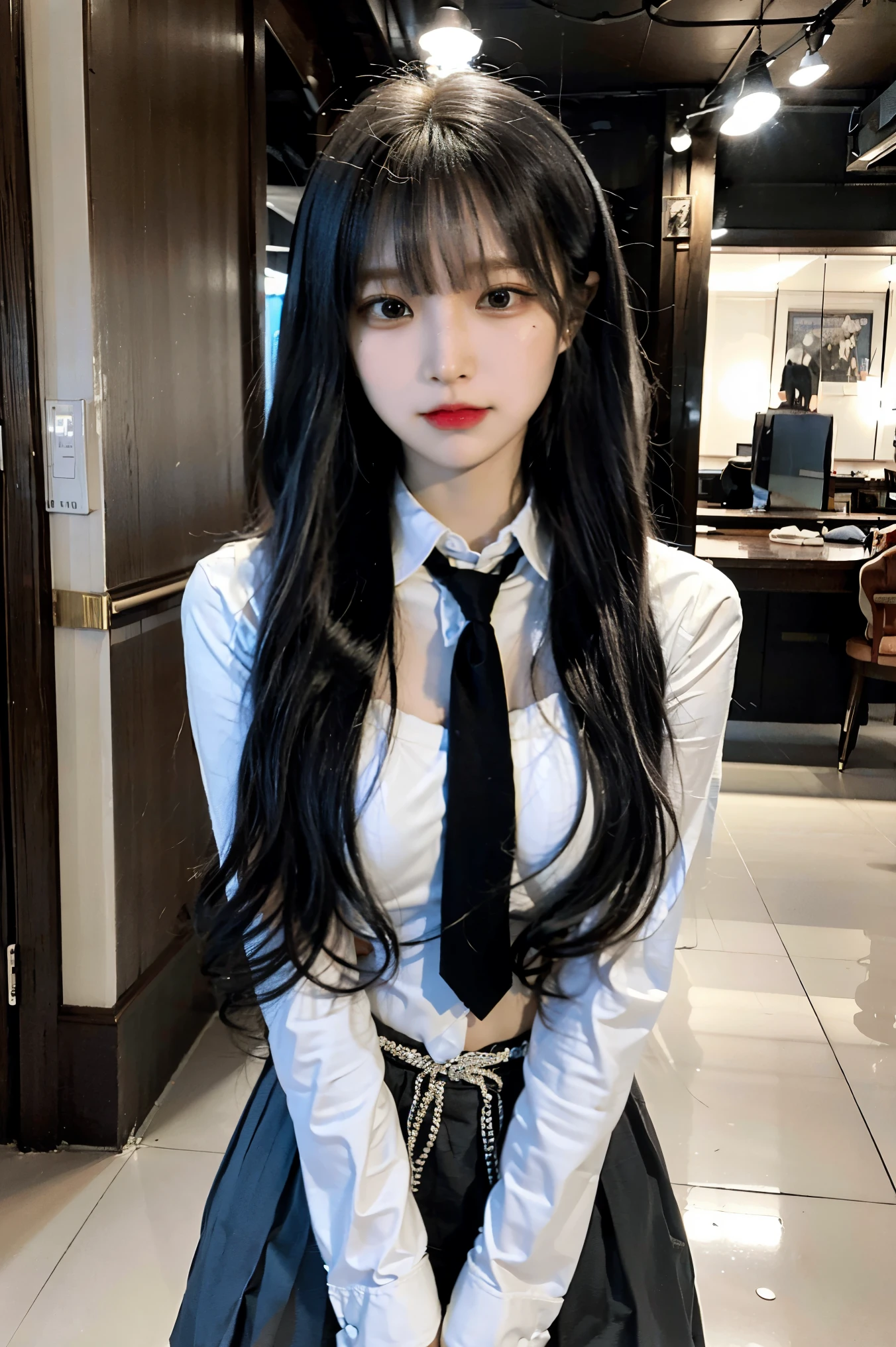 _teenger,Black and white two-tone hair, long wavy hair, full bang, best quality, 1W, Little big breasts, Pelvic exposure, a little ,blunt_bangs,cute girl,masterpiece,sharp_face,skinny,cosplay,pretty,riborn,Pencil skirt,Overfit Shirts, necktie,small face, cute,smile face,brig,light skin,