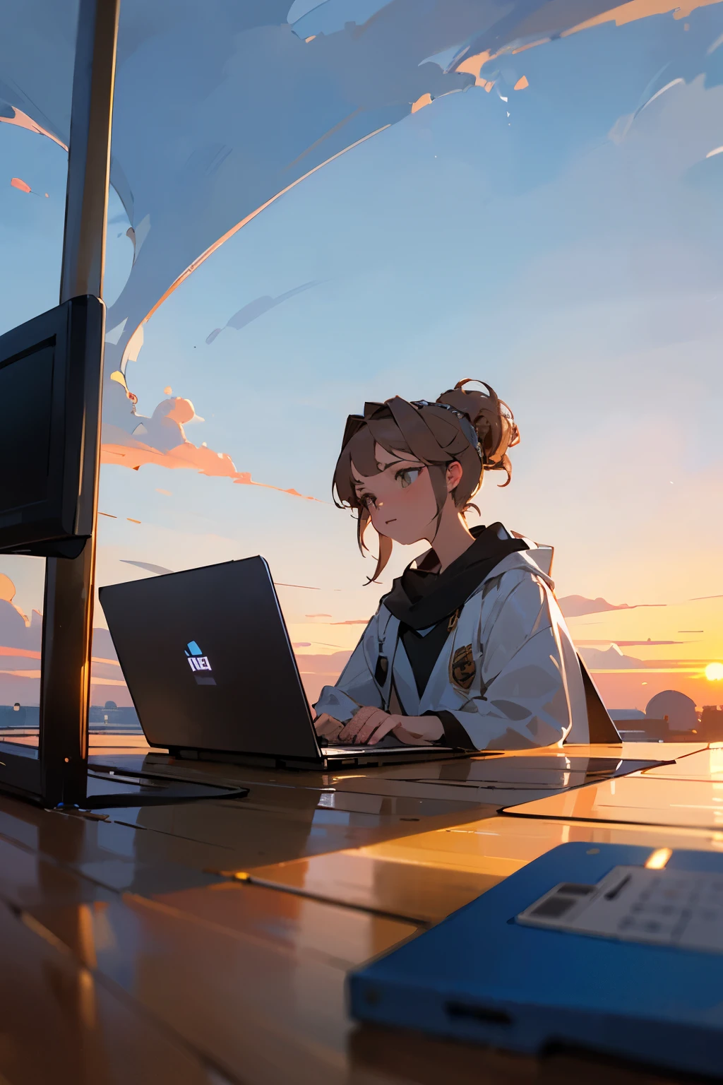 ((Mejor calidad)), ((obra maestra)), (detallado), cara perfecta,mujer con laptop programando en un atardecer