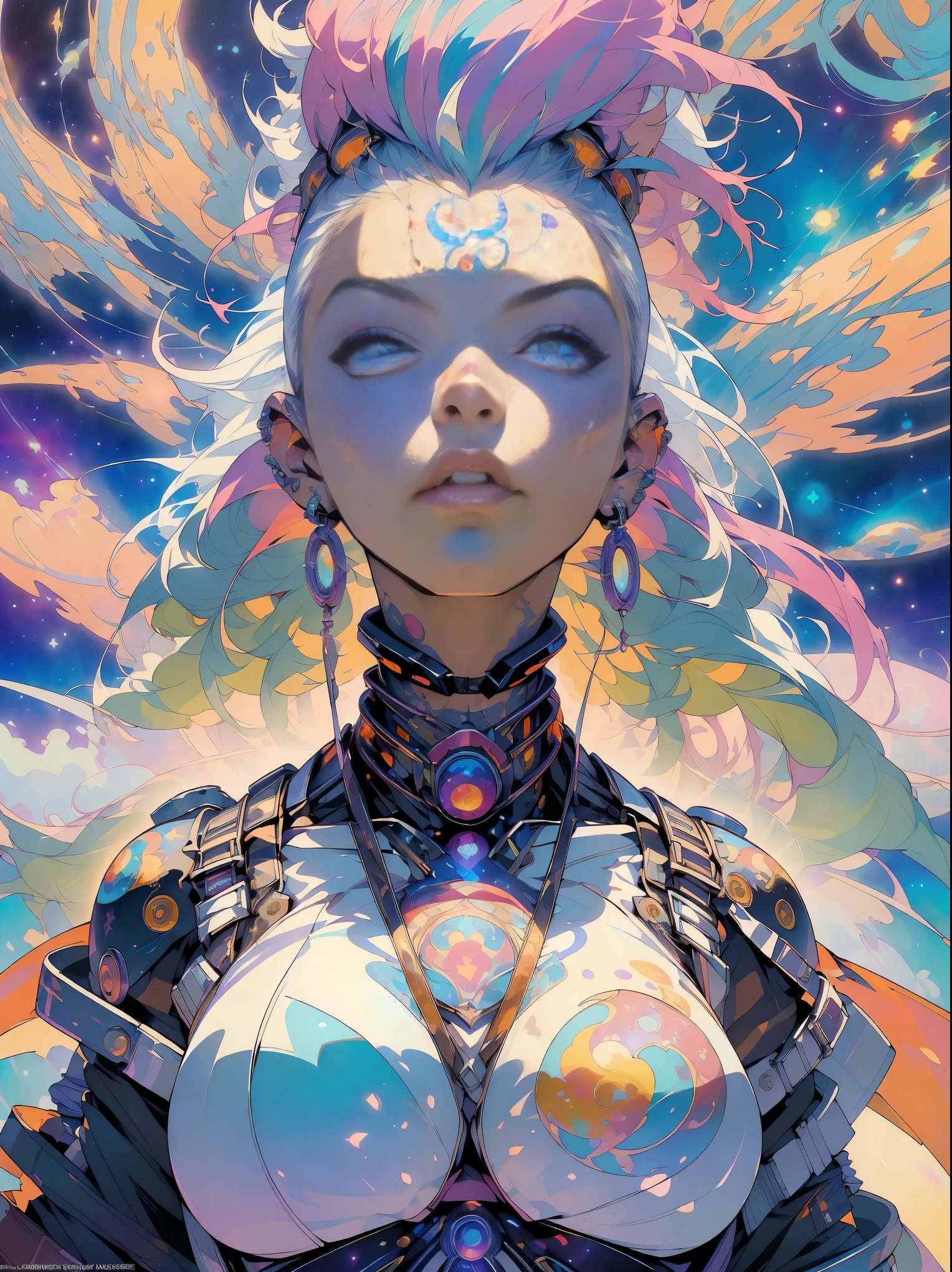 (masterpiece, top quality, best quality, official art, beautiful, cosmic, atmospheric, psychedelic, dreamlike and aesthetic:1.2), (1girl, platinum white punk rock mohawk hair, tons of tattoos and piercings, super huge enormously gigantic tits), extreme detailed,(fractal art:1.3),colorful,highest detailed, cherry blossoms and butterflies blowing in the wind
