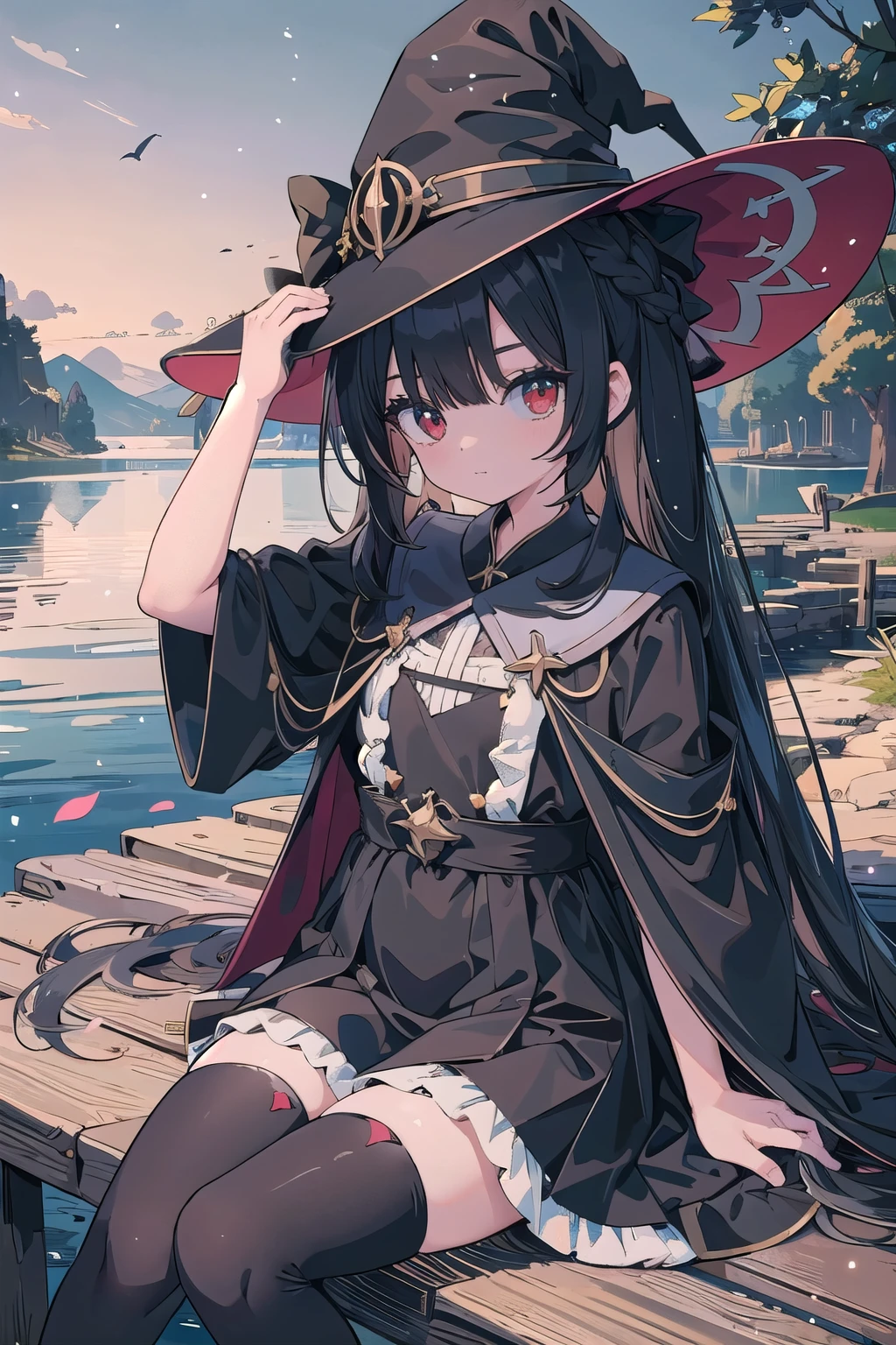 (masterpiece),  景color,  medieval lake　The season is winter　褐colorの肌　Upper body,  1 girl,  adventurer　clear　black hair　shiny hair　color々bangs　black robe　Magical girl　ruffle dress　witch hat　Thighhighs　Ahoge　noble long hair　Raking up hair　sitting　red eyes　eyes like diamonds　Dark Magic　looking at the viewer　strong　cute　　