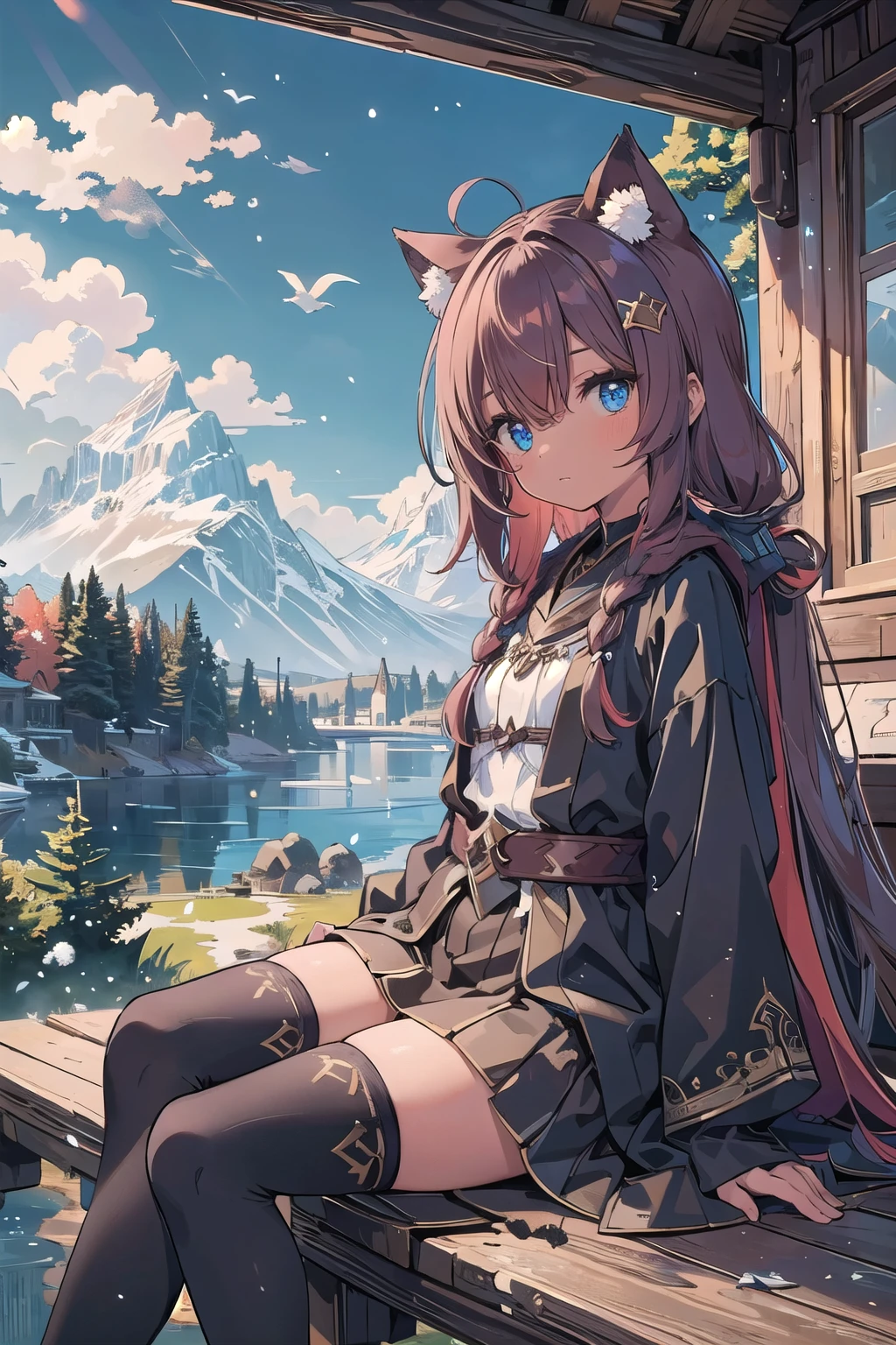(masterpiece),  scenery,  medieval lake　The season is winter　brown skin　Upper body,  1 girl,  adventurer　clear　crimson hair　black robe　witch　moon hair ornament　Thighhighs　Ahoge　long hair side knot　sitting　blue eyes　eyes like diamonds　Dark Magic　looking at the viewer　strong　cute　