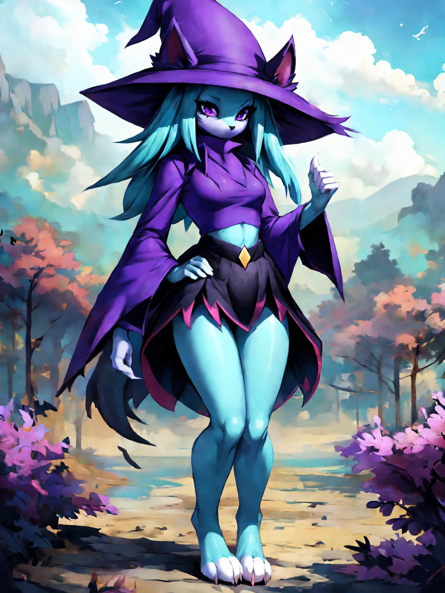 palkatress, anthro, solo, female, tall slender body, wearing purple wizards hat, spikes purple catears with white tips, purple eyes, purple collared crop top with long sleeves, black flowy skirt, bare legs, turquoise furry body, white feet paws, black cat nose, turquoise hair, standing, forest, detailed background, high collar, mouth covered by robe collar, flat colors. By teranen, by darkgem 