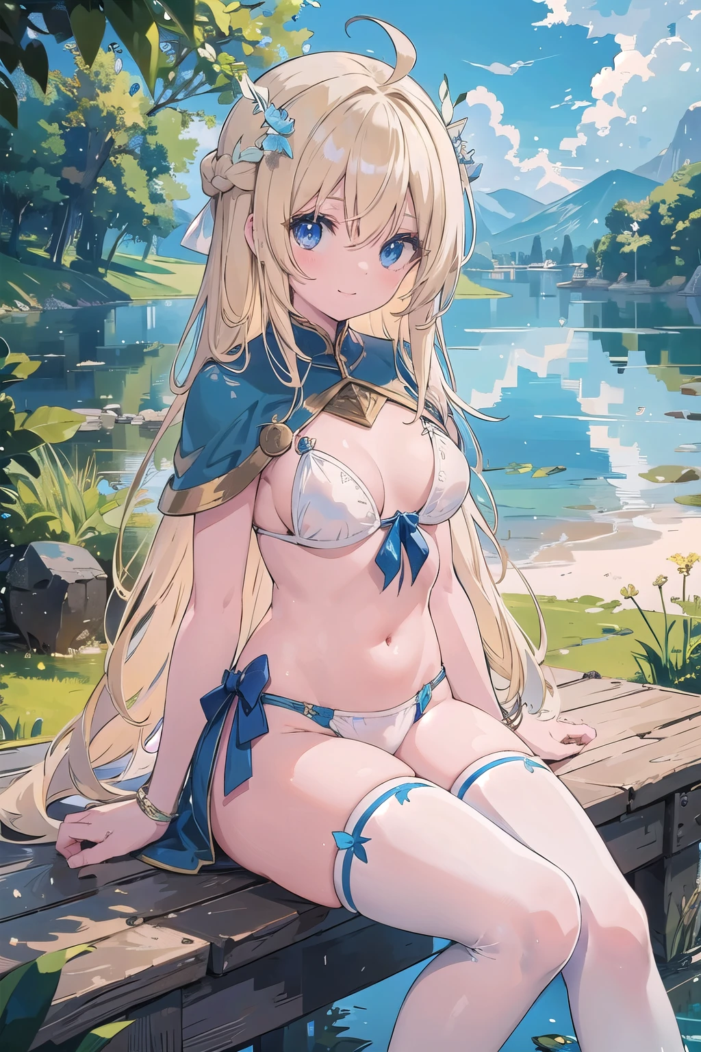 (masterpiece),  scenery,  medieval lake　The season is spring　Upper body,  1 girl,  adventurer　clear　shiny blonde hair　White Bikini Armor　Thighhighs　Ahoge　long hair side knot　sitting　blue eyes　eyes like diamonds　Leaves flutter　looking at the viewer　smile　cute　