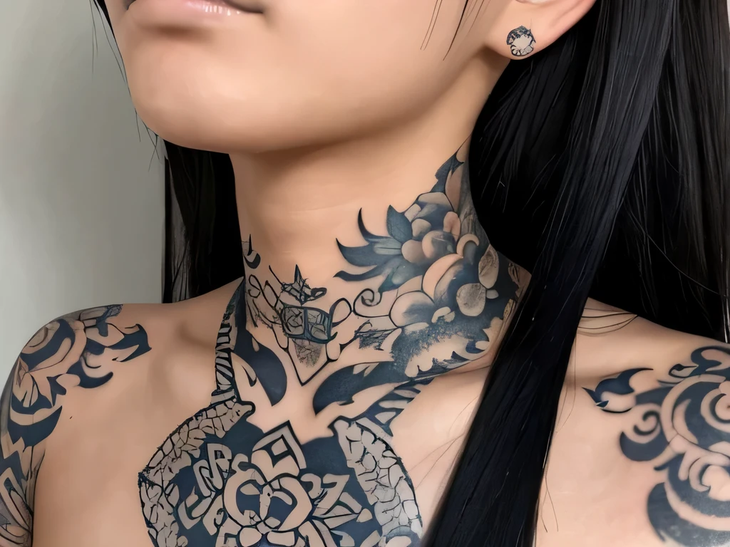 a close up of a woman with a tattoo on her neck, of taiwanese girl with tattoos, with facial tattoo, asian features, detailed face of a asian girl, neck tattoos, south east asian with round face, beautiful asian girl, high quality portrait, stunning anime face portrait, asian hyperdetailed, gothic eyeliner, perfect detailed face, asian female, highly detailed portrait, inked