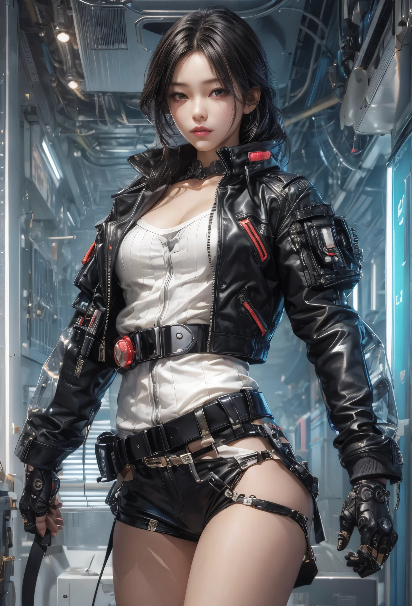((Highly accurate drawing in every detail)Extremely precise depiction)[High resolution],(detailed illustrations,とてもfineで緻密な描画,Delicate drawn lines with tempo,Realistic texture expression),[color traced main line],[Briefing Room Background],([HENTAI] ANIME (JapaneseGirl (beautiful) Cyborg 17 years old) [wild hair]) muscular [[KARATE]] Both arms of the machine [Built-in V8 engine:0.3],(Black leather jacket) ([Tiger] Translucent rubber inner) [Tiger Stripe],[[Chrome coating:0.5]],(science fiction mechanical [Bioengineering]),(複雑でbeautiful装飾 [Dense detail]),(きめ細やかでbeautiful肌表現 [transparency]),((Precisely drawn eyes))[完璧な目のdetailed((宝石のようなbeautiful瞳)Iris drawn in precise detail)[clearly drawn pupils]],[eyes light[Pinpoint lighting for the eyes]],[長くてbeautiful睫毛],[precisely drawn hair [美しく艷やかな髪のdetailed]],(完璧な手のdetailed [破綻のないbeautiful指 [beautiful nails]]),(perfect anatomy(perfectly balanced proportions))[[full body portrait]],[ideal color coordination(Accurate simulation of light and material interactions)],([Precision Detail](detailed,高fine)),[Visual art that tells a story],((highest quality)fine[[High density drawing]])(4K Quality).