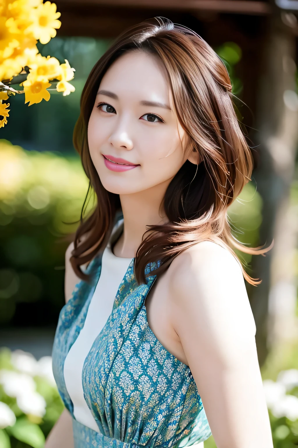Photos taken with a digital SLR camera，The photo shows a young woman with long dark brown hair。her long hair is slightly curly，shining in the sunlight，Gives off an attractive shine。Women are around 20 years old，It is characterized by a high nose and a face resembling a goose egg.，show her nobility and elegance。her skin is very delicate，smooth and picturesque。Photos are taken in a realistic style，feels very real。her makeup is delicate，maintain a high level of realism。she is wearing a summer short sleeve dress，Show off your fashion sense and gorgeous figure。She wears a necklace，Adds brightness to the overall impression。she has big beautiful eyes，Show off your bright personality with a smile。she is surrounded by a garden，Flower beds and greenery are in good condition.。The photo was taken from the side，Women account for about 1 photo/part 3。