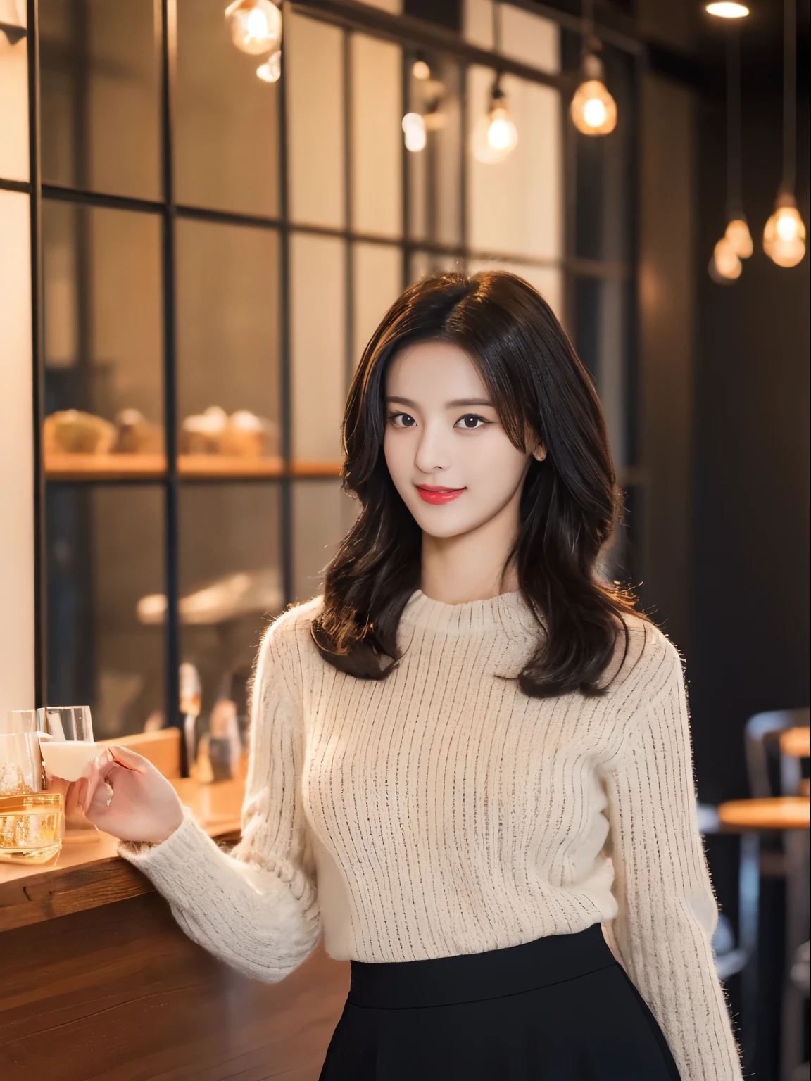 ((top quality、8k、Masterpiece:1.3))、Extremely delicate and beautiful girl,realistically,Extremely ridiculous,Abstractionism,full-body shot,catch,Extra detailed body,Port wind,,flowing hair,light brown hair,viton hair,beautiful fine hair,Exquisite and beautiful face,Smile,clear eyes, black eyes,neck_bow ribbon,frills_skirt,beautiful clear background,beautiful sky,bloom,very precise details,absurd,very CG,((A sexy mature girl:1.5))、thick lips、deep red lip gloss、eye makeup、((40 years:1.5))、sweater、paris cafe scene、sunset sky,huge breasts,Larger breasts,amazing breast size,Extensive exposure,More nudity