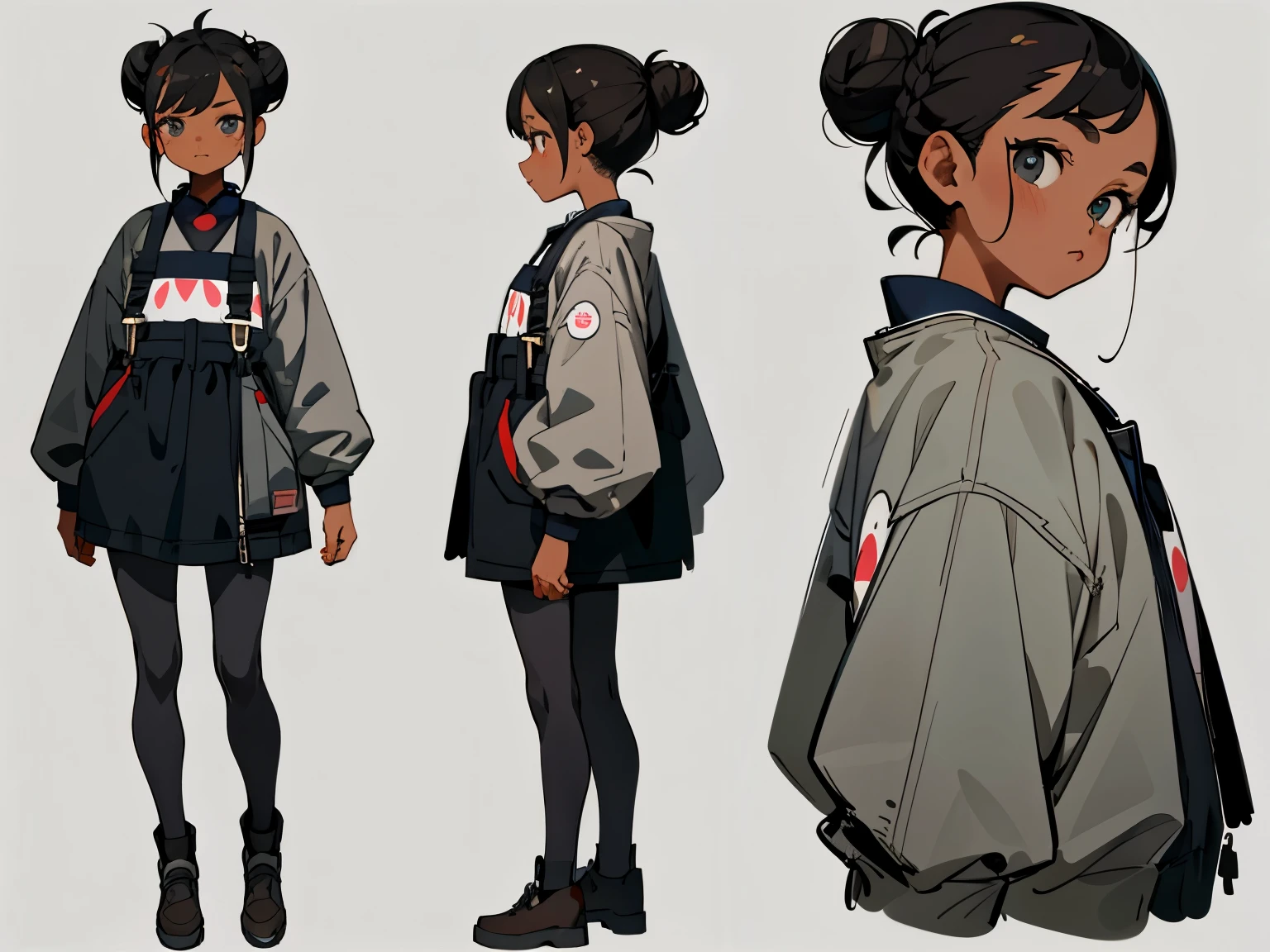 character sheet, best quality, masterpiece, same character, front back, illustration, 1 girl, dark hair, dark skinned, hair bun, woman, tomboy style, fashion, kawaii, adorable, single background, grey background