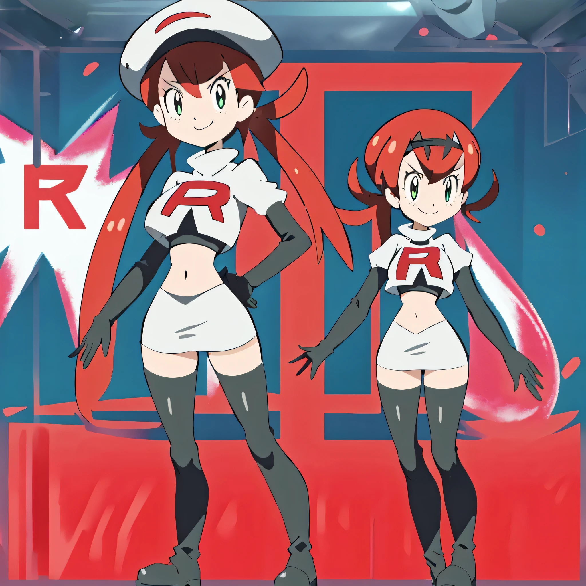 8k, anime screencap,1girl in, (solo:1.2), (perfect body:1.1), (best quality:1.1), very large breast, team rocket uniform, red letter r, white skirt,white crop top,black thigh-high boots, black elbow gloves, evil smile, looking down at viewer, hands on hips,zettai ryouiki,