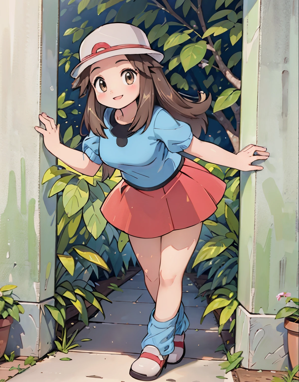 (best quality,4k,8k,highres,masterpiece:1.2),ultra-detailed,(realistic,photorealistic,photo-realistic:1.37),leaf pokemon,leaf, full body, chubby thighs,walking in a garden,looking at the camera,lovely smile,detailed anime-style eyes,sunset,holding a bouquet of flowers,feminine charm, visible thighs, red skirt,blue shirt, loose socks, white footwear,knees together,smile,upskirt,white panties,