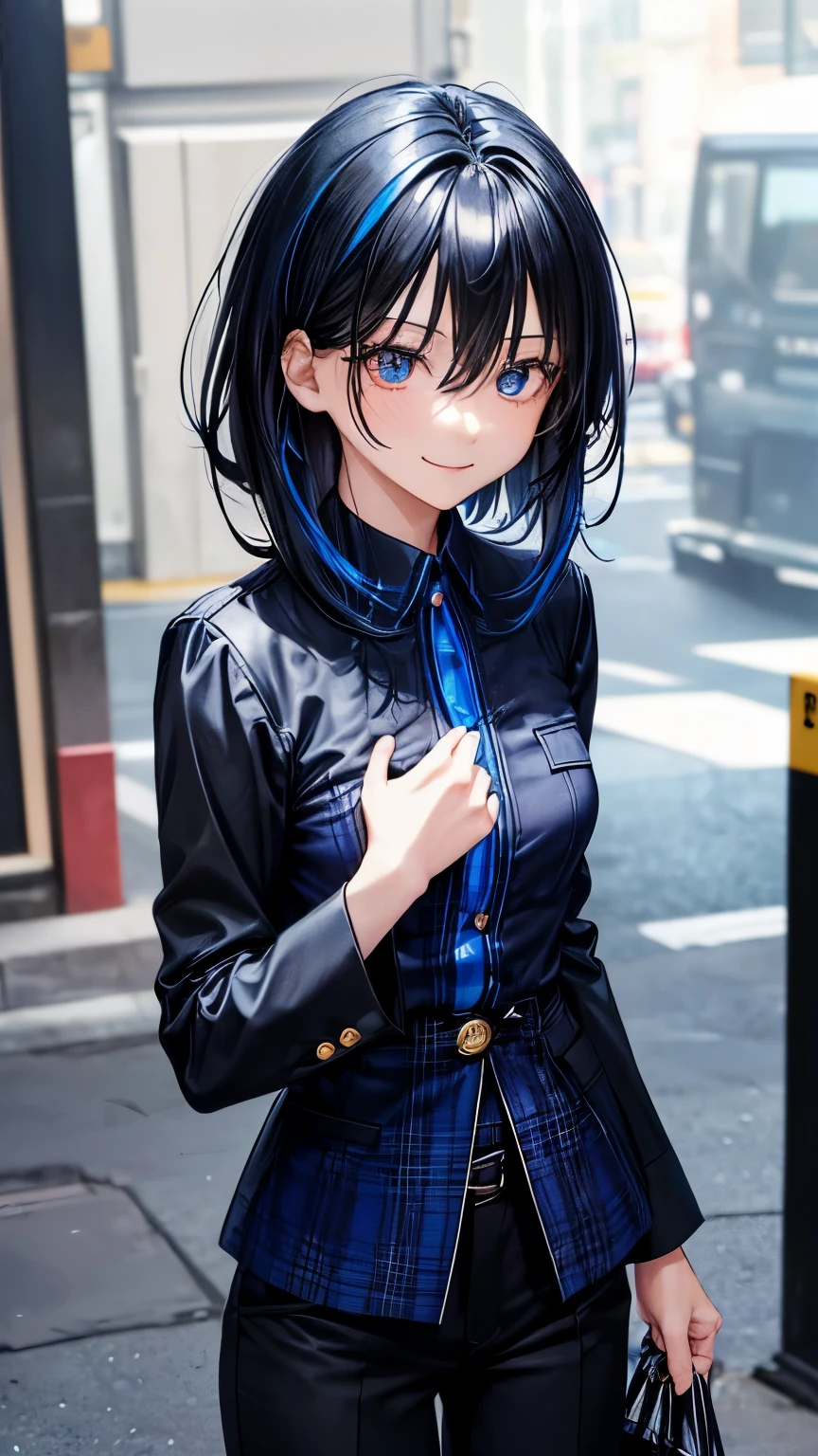 31 years old Japanese lady (( small breast, slender)),  black jacket, tartan blue long sleeves dress shirt,(( tartan black straight pants)), very short hair (( black messy hair, some blue highlights hair))((much shaggy forelock, some sapphire blue highlights hair )), fearless and aggressive smile, sapphire blue big drooped eyes, put her hands on her chest , confident and strong willed atmosphere