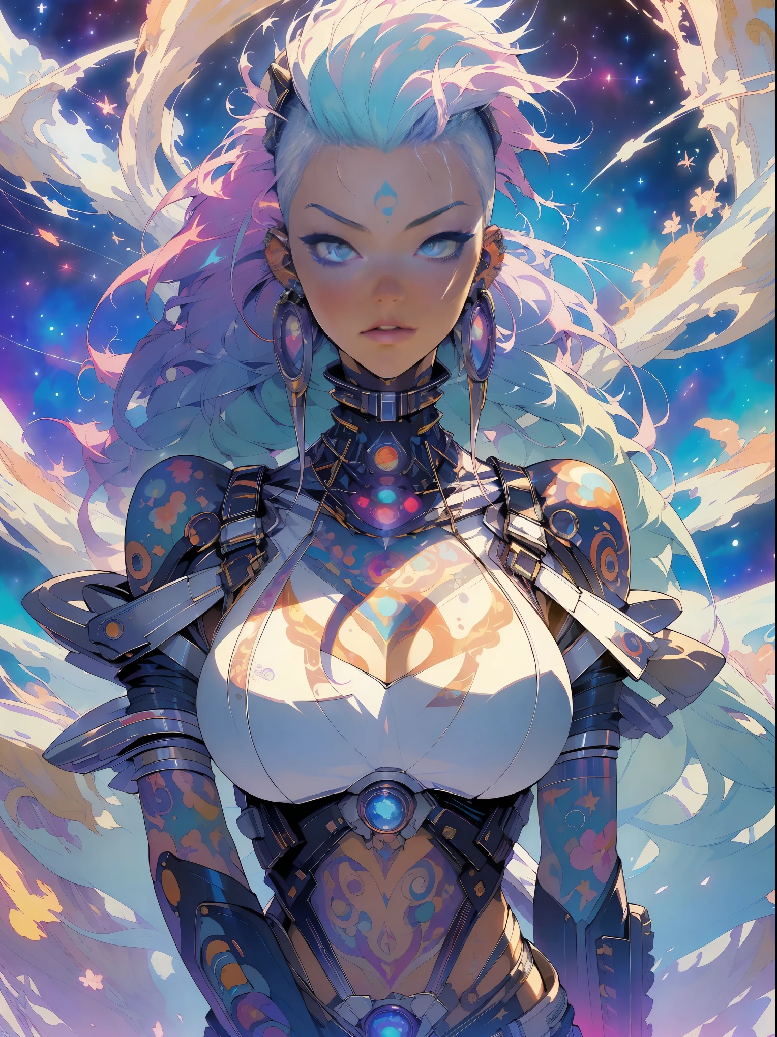 (masterpiece, top quality, best quality, official art, beautiful, cosmic, atmospheric, psychedelic, dreamlike and aesthetic:1.2), (1girl, platinum white punk rock mohawk hair, tons of tattoos and piercings, super huge enormously gigantic tits), extreme detailed,(fractal art:1.3),colorful,highest detailed, cherry blossoms and butterflies blowing in the wind