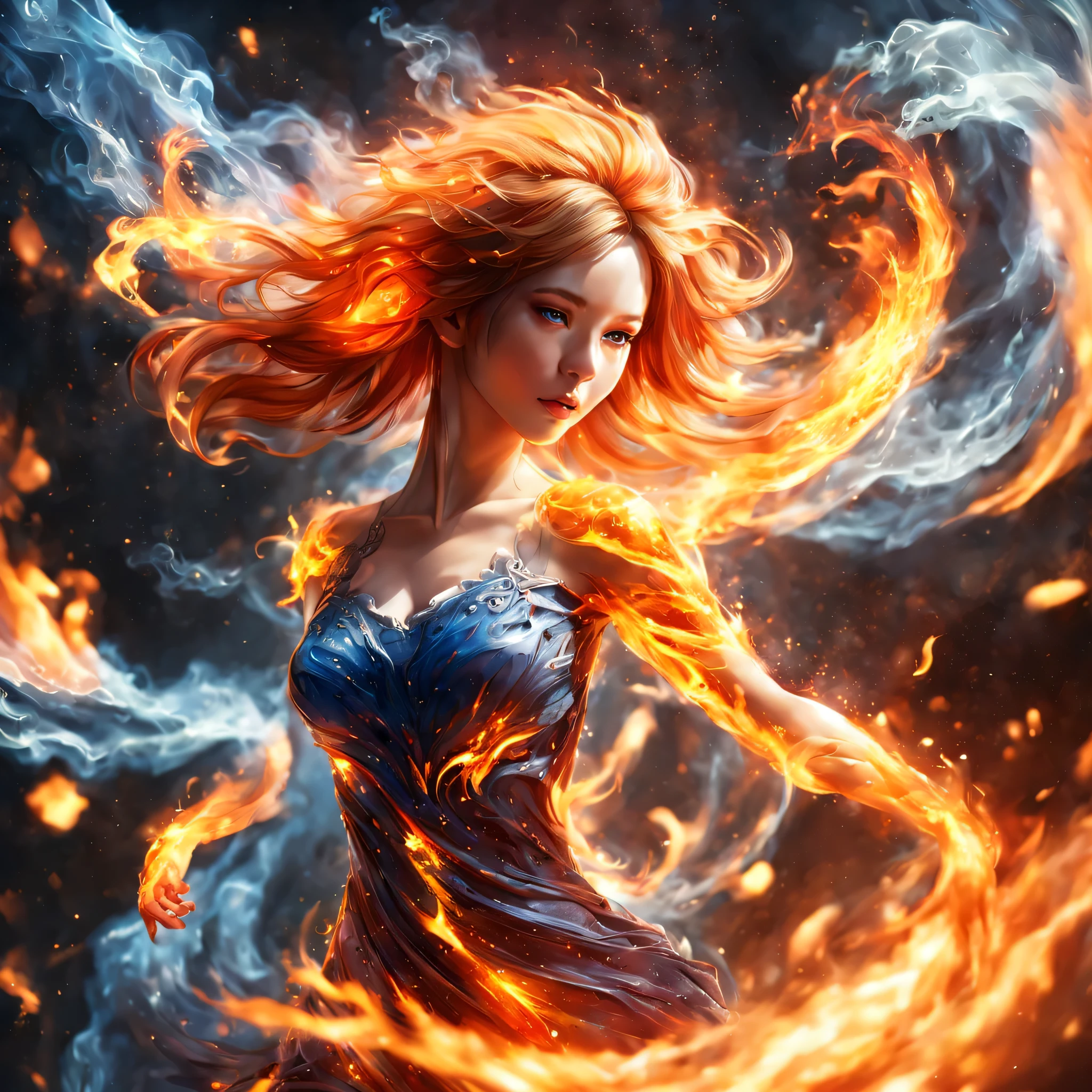(Waifu fuego element:1.1),composed of fuego elements,(1 chica:1.2), (cara bonita), (cara notable), fuego,transparencia,fuego,(Roca fundida),Piel de llama,flame print,pelo ardiente ,de fumar,Nube,escote,a girl engulfed in flames rising flames radiating sparks,the fuego hand,Translucent luminous body,Muy realista,Poses elegantes,transparencia,Sci-Fi Light Effects,efecto de luz azul para contraste