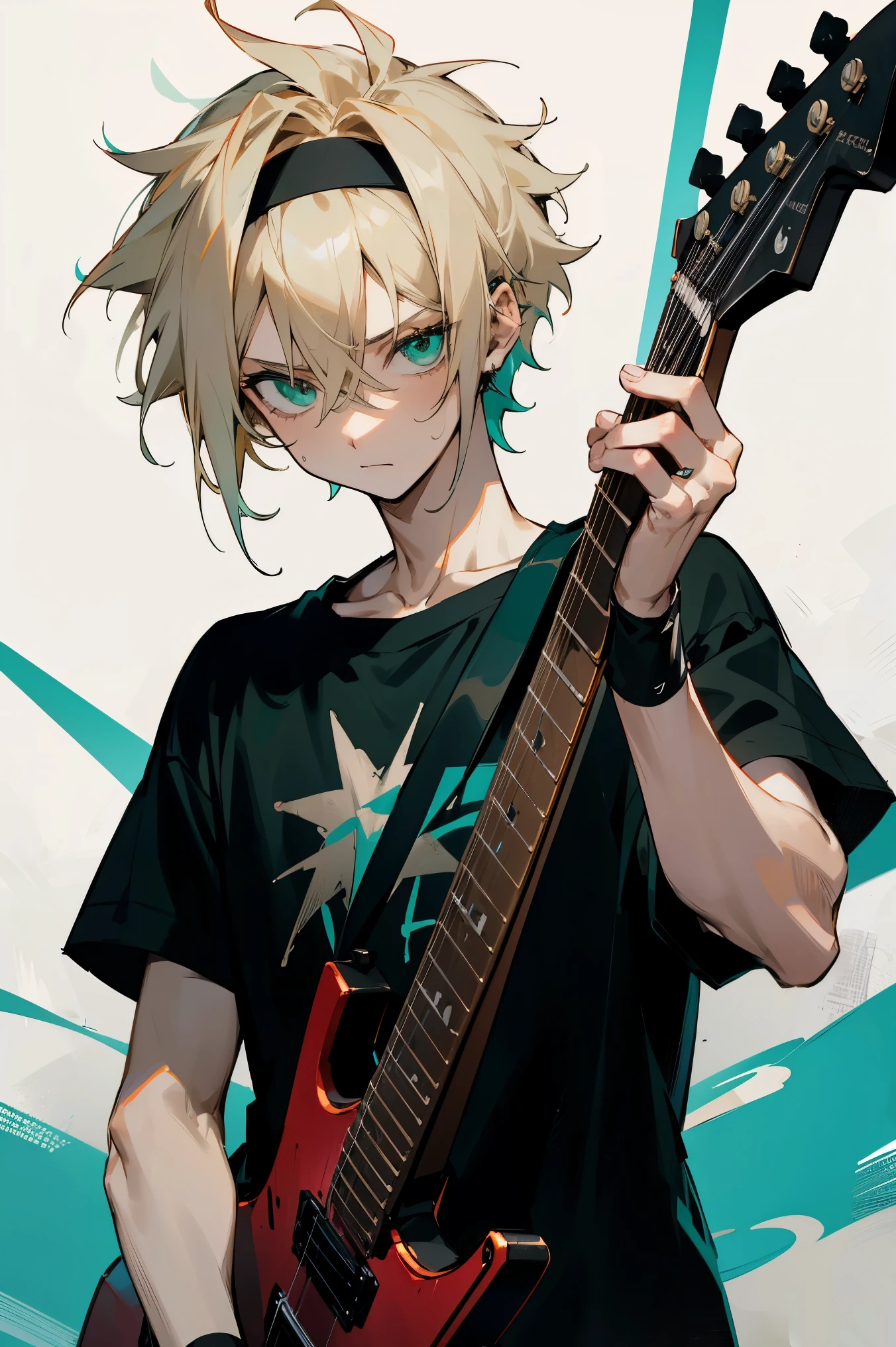 1male , Messy Blonde Hair , Spiky Hair , Short Hair, Teal Green Eyes , Black Wristbands , Black T-Shirt , Black Headband , Holding Guitar , Adult Male
