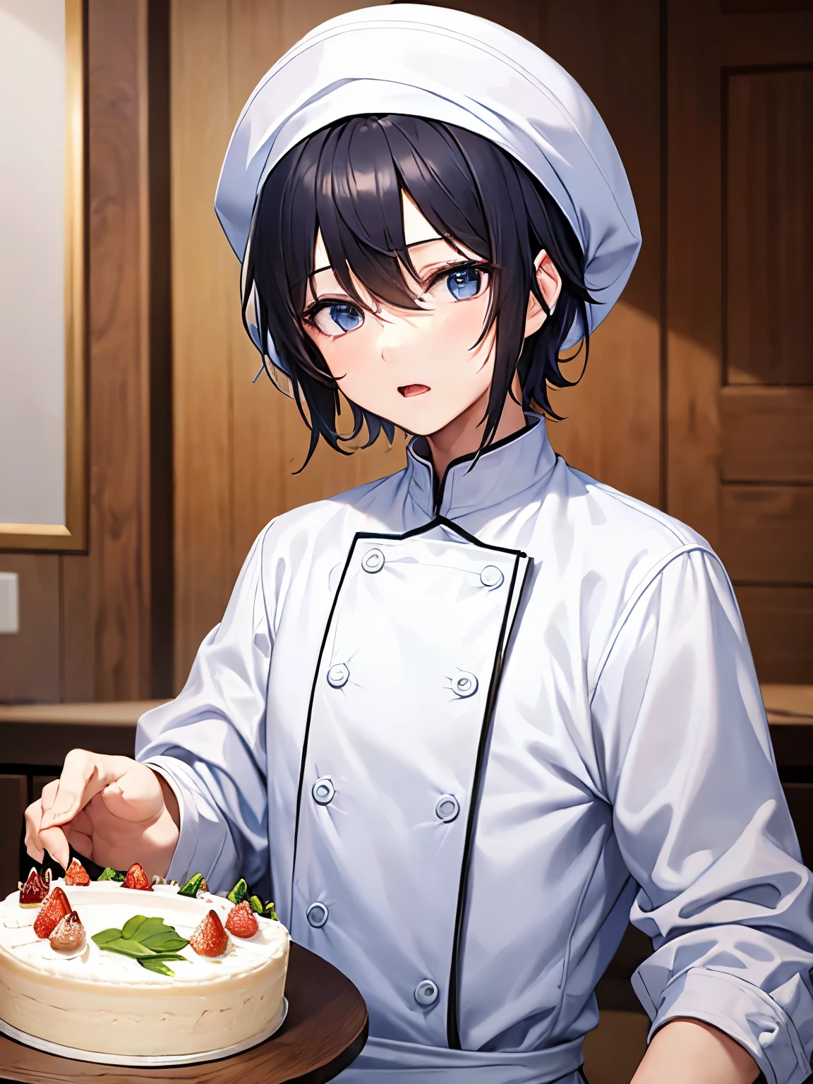 highest quality、masterpiece、(((20-year-old young man)))、(((cake shop chef)))、((black hair、short haired))、(((light blue eyes))),((upper body ))、open your mouth、(((((White Chef Coat、White Cap、)))))、(((surprised、consternation、be surprised))),