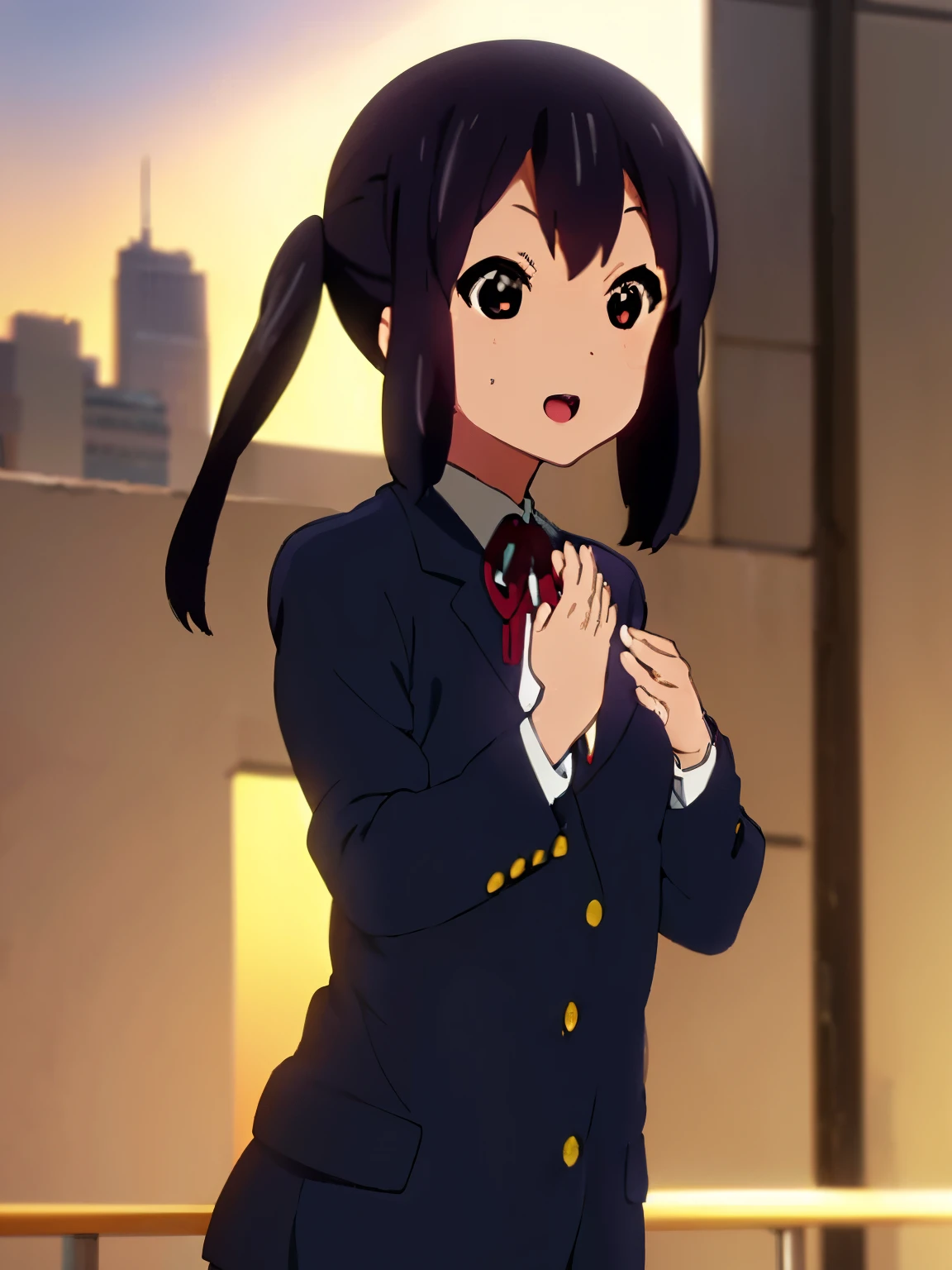 (best quality, masterpiece:1.2), 1girl, (((masterpiece))), top-quality, top-quality, High Details, nakano azusa, 1girl, Sakuragaoka High School Uniform, student clothes, Twin-tailed, length hair, A dark-haired, brown-eyed, 独奏, reddish, Dark blue blazer with thin red ribbon, Solid white buttoned shirt under blazer, illustratio, comic strip, soothing tones, Subdued Color, Soft cinematic light, adobe lightroom, photolab, HDR, intricately and hyper-detailed、(((depth of fields))))。(((masterpiece)))。(((top-quality))).)((ultra-detailliert)))。(((illustratio)))。(((takeout))).dynamic focus.big breasts.(((Skyscrapers))).(((A city scape))).(((Face of Smile))). open mouth.(((put hands on the hip))).(((up chest))).((evening glow)).((the setting sun)), solo, anime, anime screencap,  ray tracing, global illumination, ultra resolution image, vivid color,  cinematic light,  lens flare,  light on face, glow eyes,  depth of field, happy, detailed background, cute,  straight-on, dive dress, navel,