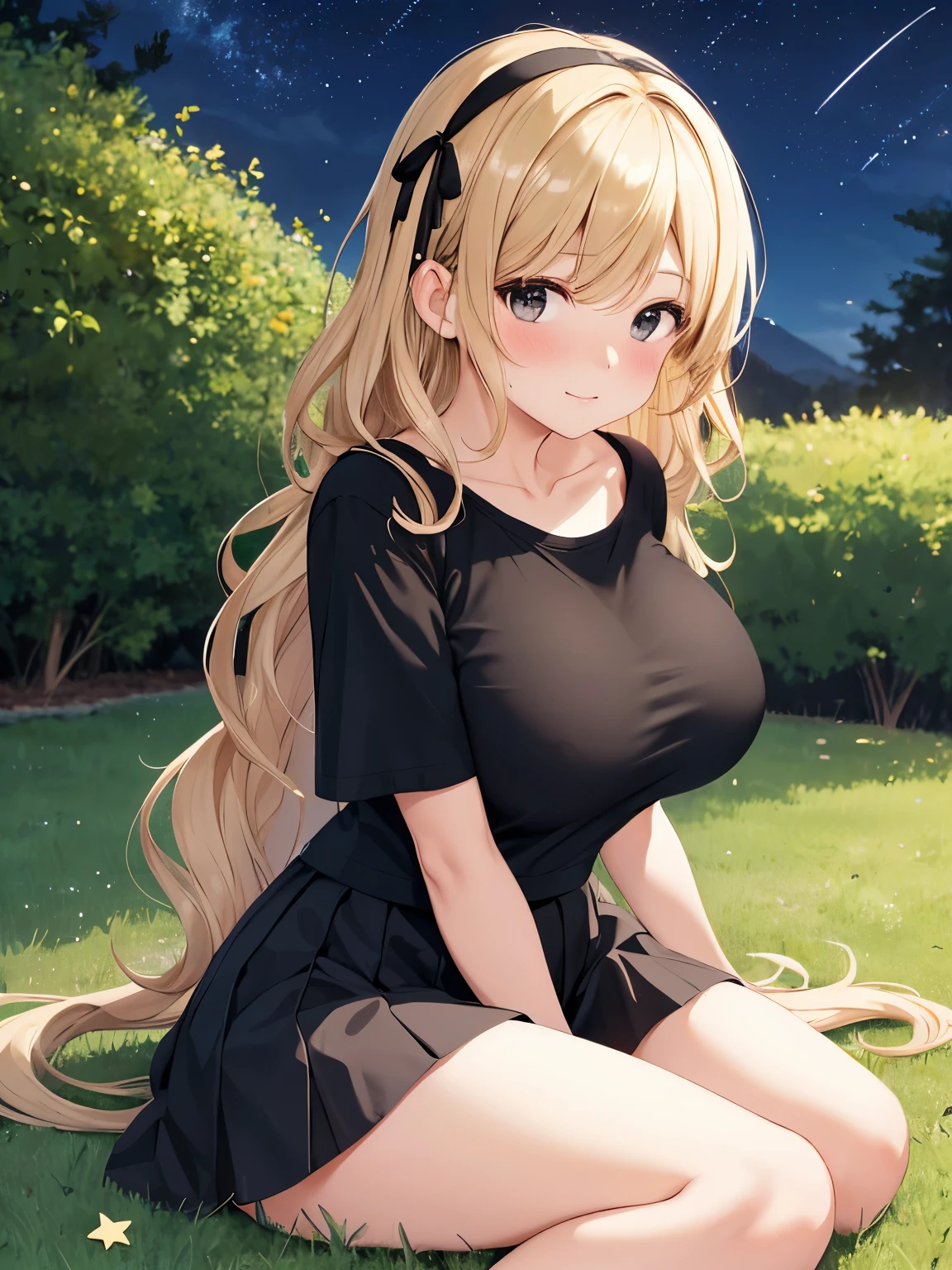 1woman,Sitting, blushing, on the grass, at night,full of stars, short t-shirts,very big ,black t-shirts,black skirt, mini skirt,ruffle skirt,black ribbon headband,bangs,blonde hair,long hair,wavy hair,ultra detail,ultra Hd, masterpiece,4k