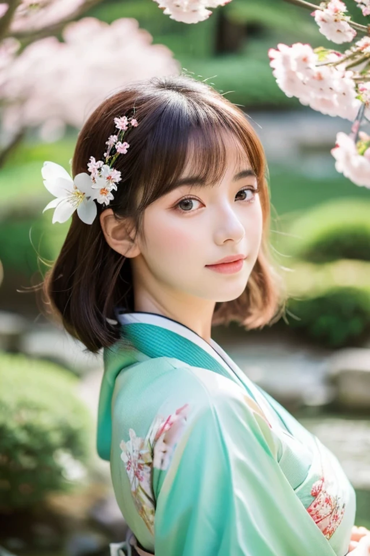 Beautiful girl in a traditional Japanese garden, (highest quality, High resolution), (anime), cherry blossoms, Flowing kimono, delicate hair accessories, stunning eyes and lips, elegant posture, calm expression, soft natural light, Bright colors, peaceful atmosphere