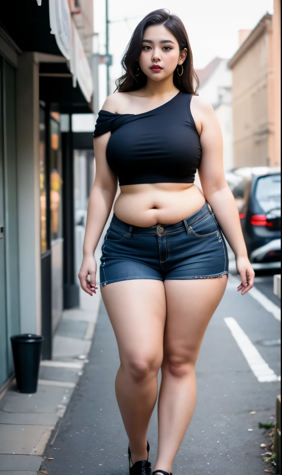 ((best quality)), ((masterpiece)), (detailed), perfect face, araffe woman in a dark-blue shirt and blue denim skirt walking down a street, thicc, she has a jiggly fat round belly, bbwchan, wearing tight simple clothes, skinny waist and thick hips, widest hips, her belly is fat and round, soft curvy shape, hyperrealistic full figure, wearing a cute top, wide hips, cropped shoulders,Bare belly,(big assa:0.7),show legs,, thicc, beautiful thick female, beautiful curvy female,, Tall and tall,clear curvy details, curvy hourglass figure, alluring plus sized model, bbwchan, Voluptious body, Curvy model, Curvy body, Be red in the face, 1girll, a matural female, A MILF, the golden ratio,(Kpop idol),(Oil skin:1.2),(Oil skin:1.1), iremuzi tattoos on thighs,