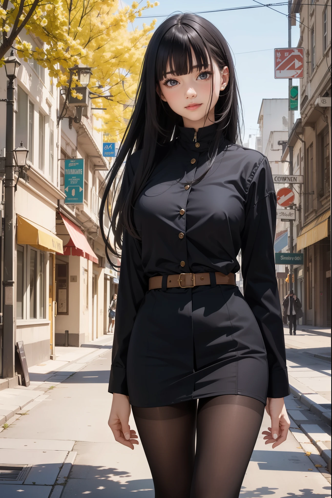 (8k, masterpiece, best quality, realistic, official art:1.3), detailed face, detailed small eyes, detailed clothes, detailed skin, detailed shiny hair, (from front, cowboy shot:1.5),
BREAK (beautiful girl:1.3), (solo, standing upright:1.5), large breasts, long legs, smile, (black long straight hair, blunt bangs:1.2), (fair skin),
BREAK (jacket, high-neck shirt, miniskirt, pantyhose), outdoors, downtown, street, (spring:1.3), blossoms,