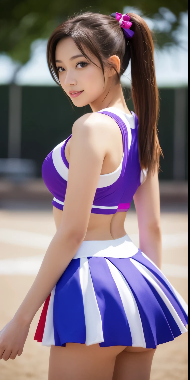 Pants visible from skirt, (japanese cheerleader:1.3), Close-up, photograph, , (12 years olce, cute face, RAWphotograph, highest quality, High resolution, (table top), (photographrealistic:1.37), Professional photographgraphy, sharp focus, nffsw, 8K resolution, intricate details, Depth of bounds written, Highly detailed CG Unity 8K wallpaper, front light, NSFW, woman, girl, beautiful supermodel, smile, thin, (Vivid poses:1.3), Rear view, thighs thighs thighs, (twin tails, ponytail, Scrunchie:1.3), (super long hair:1.3), shot from the ground, (Please put the bonbon on your hands only.:1.6)