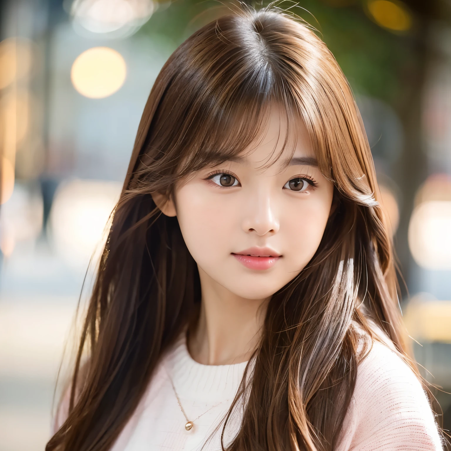 light brown haired korean girl with hazel brown eyes, glossy skin and pinkish lips