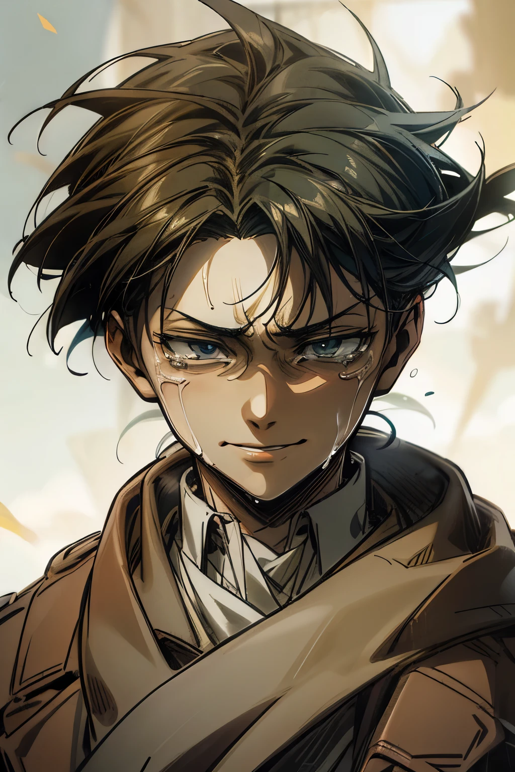 Levi Ackerman&#39;s face,attack on titan anime series 8k,Three-dimensional maneuver,battle,((smiling crying face)),