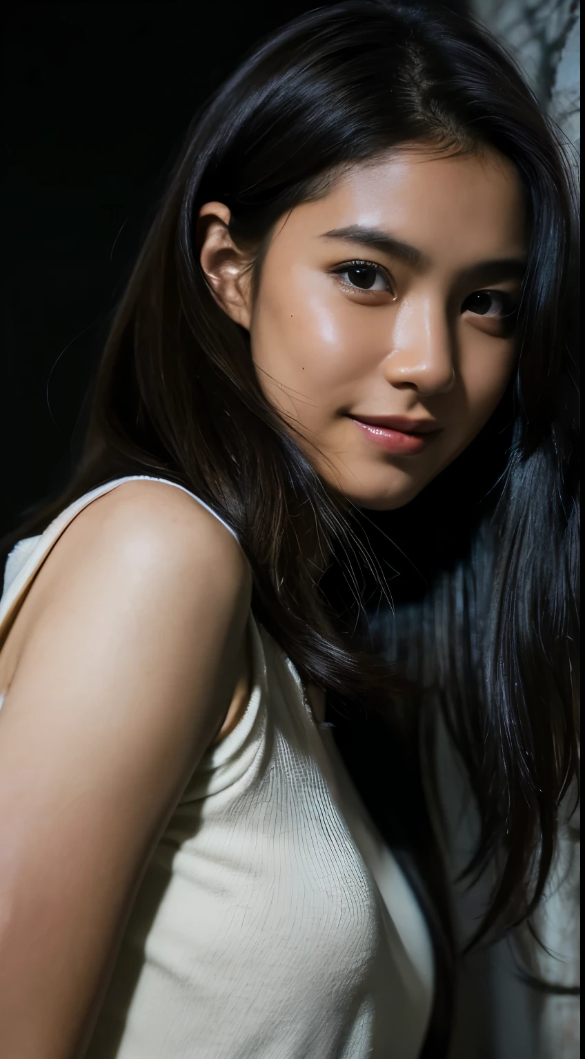 highest quality, epic realistic, ((in the pitch black darkness :1.4)), ((portrait:1.5)),(background: dark ) high contrast ,glorious picture, lowest lux, lighting face, she's comfortable, wearing nothing, looks incredible, (8k, Raw photo, Highest quality),(epic realistic:1.5), a woman, face,(detailed eyes:0.8),(looking at the camera:1.4), (Highest quality), ( high contrast, deep shadows),Intricate details,cinematic,((skin:1.4)), (long dark hair:1.3), long hair, messy ,(Hdr:1.5),Detailed, colors, Superior quality, Masterpiece, Raw Photo (20-year-old, looking at viewer), beautiful, (wearing plain yellow shirt,), perfect, natural, perfect composition, portrait, perfect face, smiling expression, Captivating eyes, Bright details, Tight lips, (High Skin Detail),, (blue tint: 0.6), (sale: 0.8), (bloody: 0.7), Key lighting , (backlight: 0.5), Medium depth of field, Canon 5d, 50mm lens, f/4 apertures, (Ultra-detailed, Complex detail), sharp focus, soft colors, 8k, Absurd, 80mm, dark background, photography, smiling,medium ,
